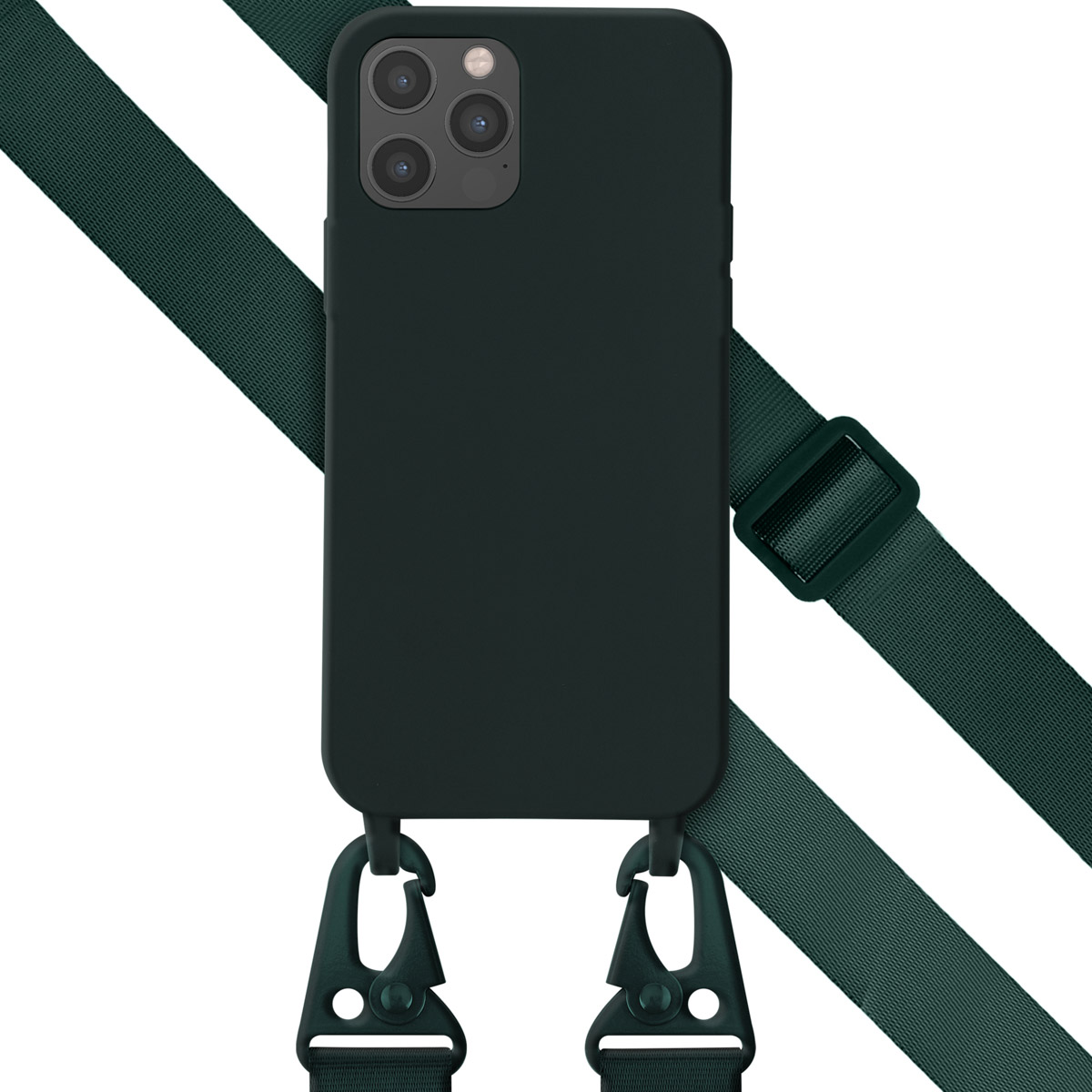 Zwarte telefoonhoes met groene band. De band heeft karabijnhaakclips.