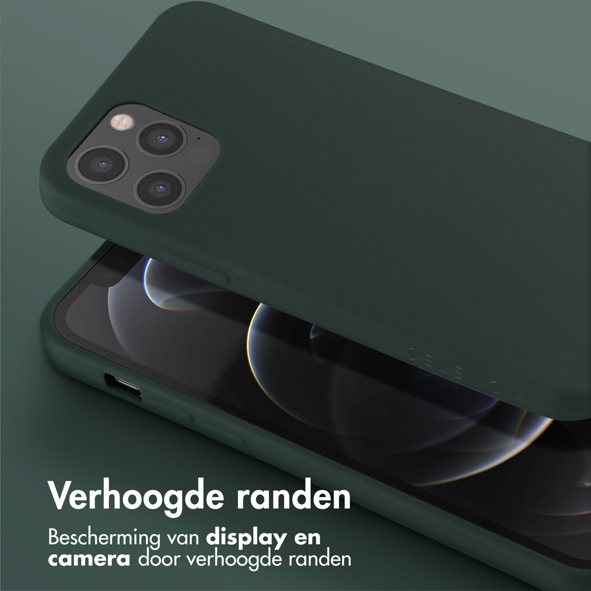 Donkergroene telefoonhoes over een telefoon. Verhoogde randen beschermen het scherm.