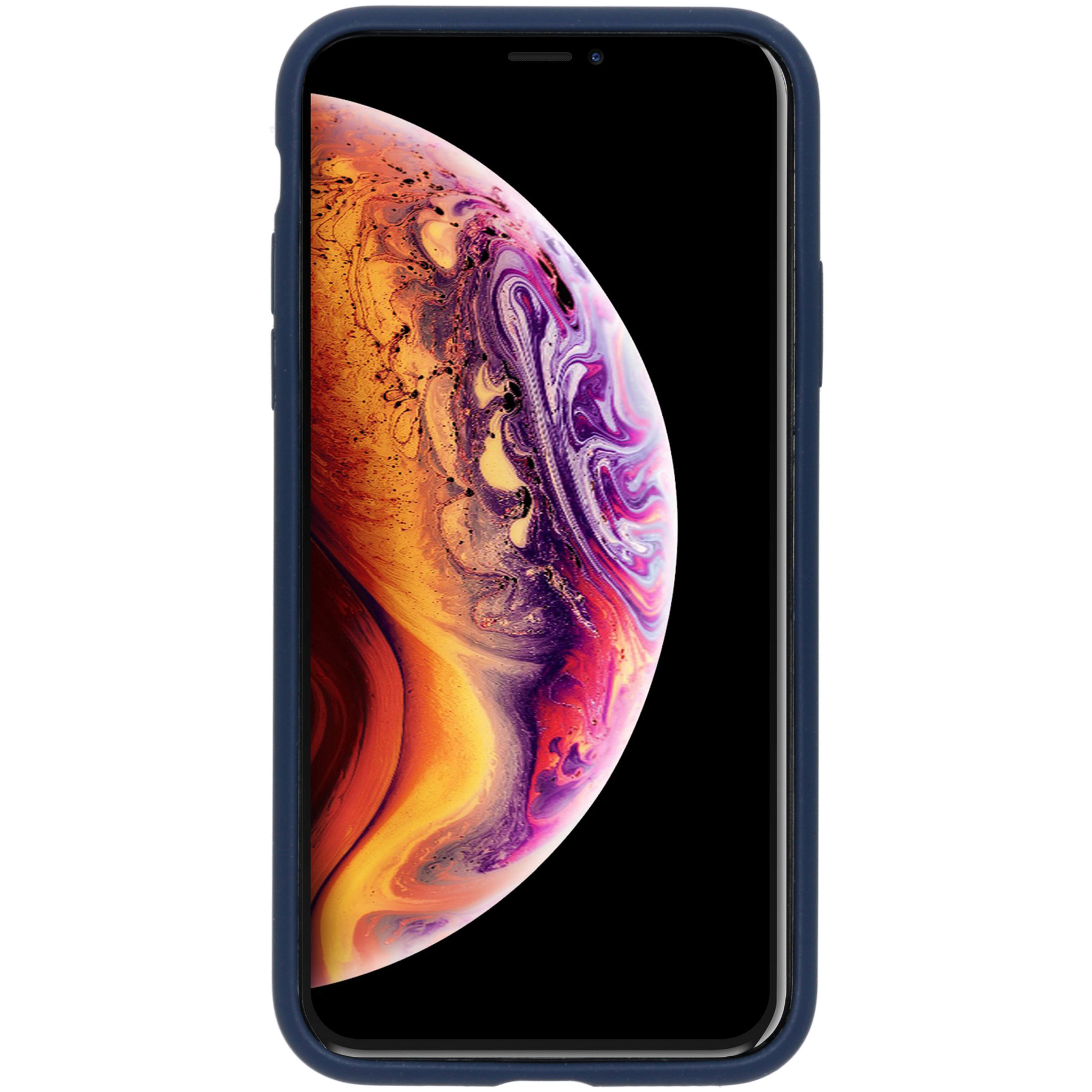 Una custodia blu scuro per iPhone che mostra parte dello schermo con uno sfondo spaziale.
