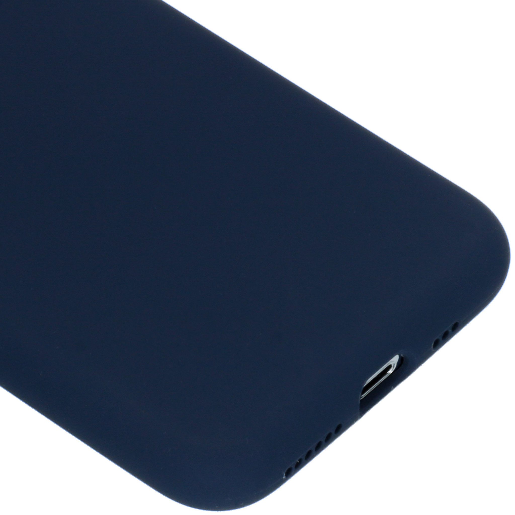 Custodia per telefono blu scuro con porta di ricarica e fori per altoparlanti.