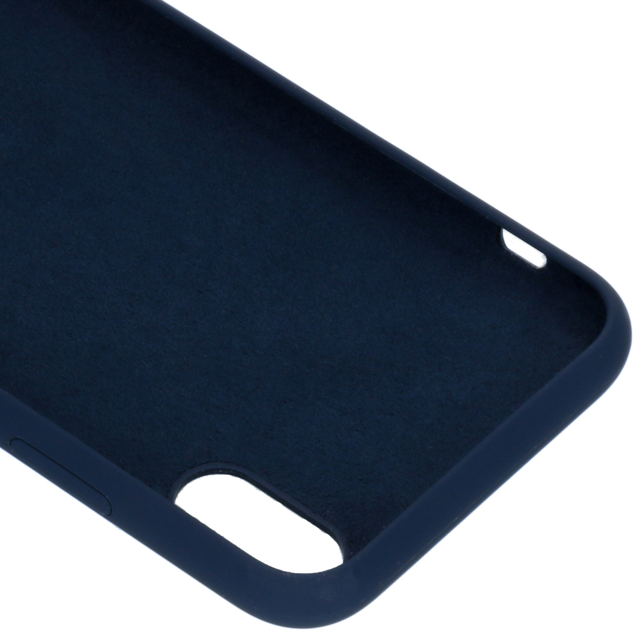 Custodia blu scuro per telefono con ritagli per fotocamera e porta di ricarica.