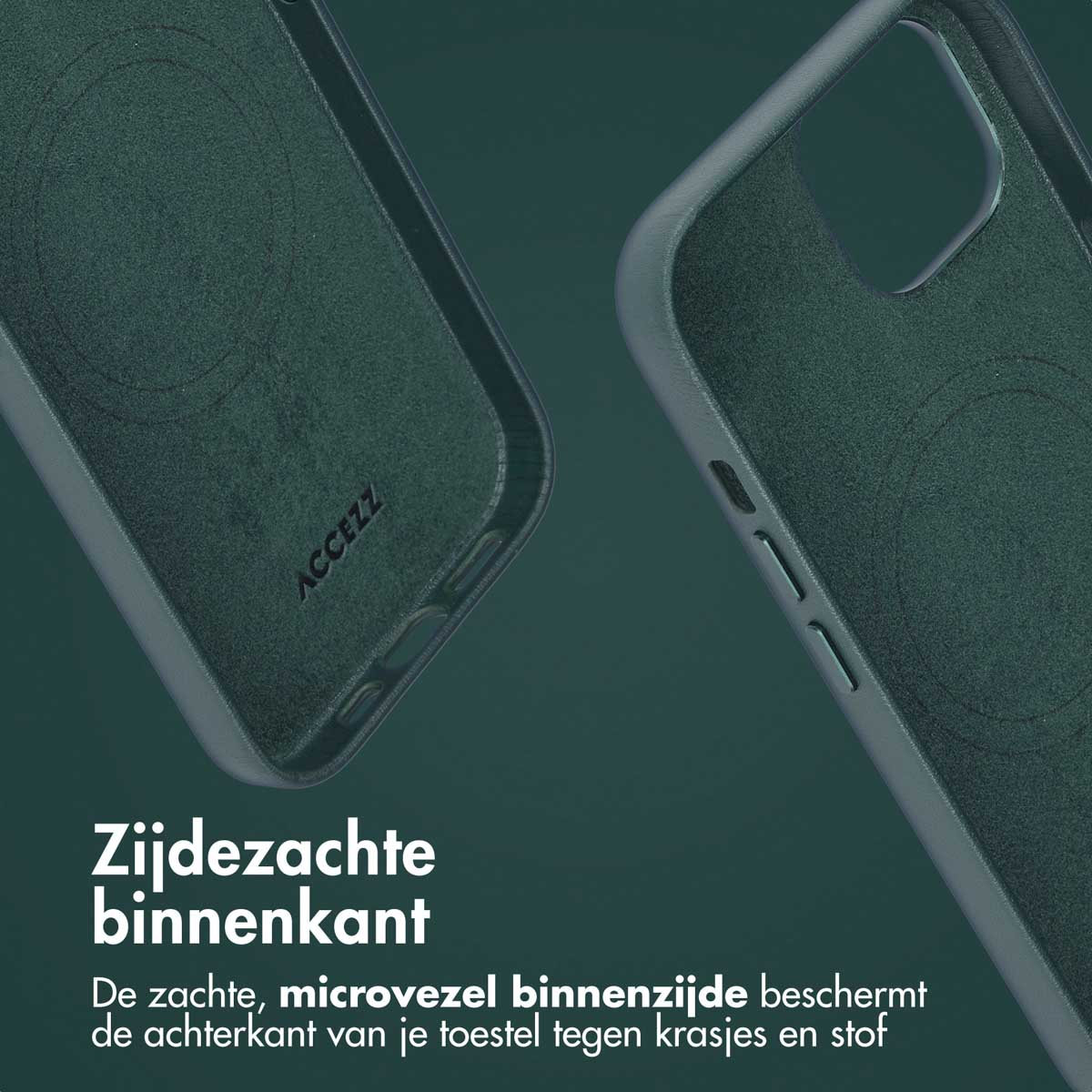 Twee telefoonhoesjes, groene binnenkant, grijze buitenkant. Eén toont het 'ACCEZZ'-logo. Tekst luidt: 'Zachte binnenkant beschermt tegen krassen en stof'.