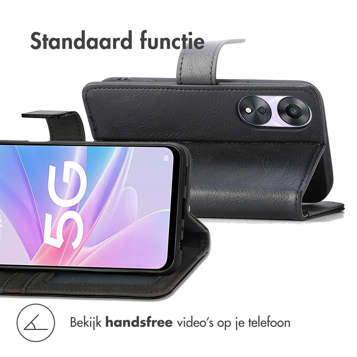 Étui de téléphone noir ouvert, affichant l'écran 5G. Fonction support.
