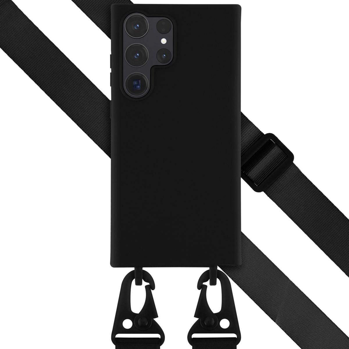 Coque de téléphone noire avec une sangle noire. La sangle a deux crochets noirs. Le téléphone n'est pas visible.