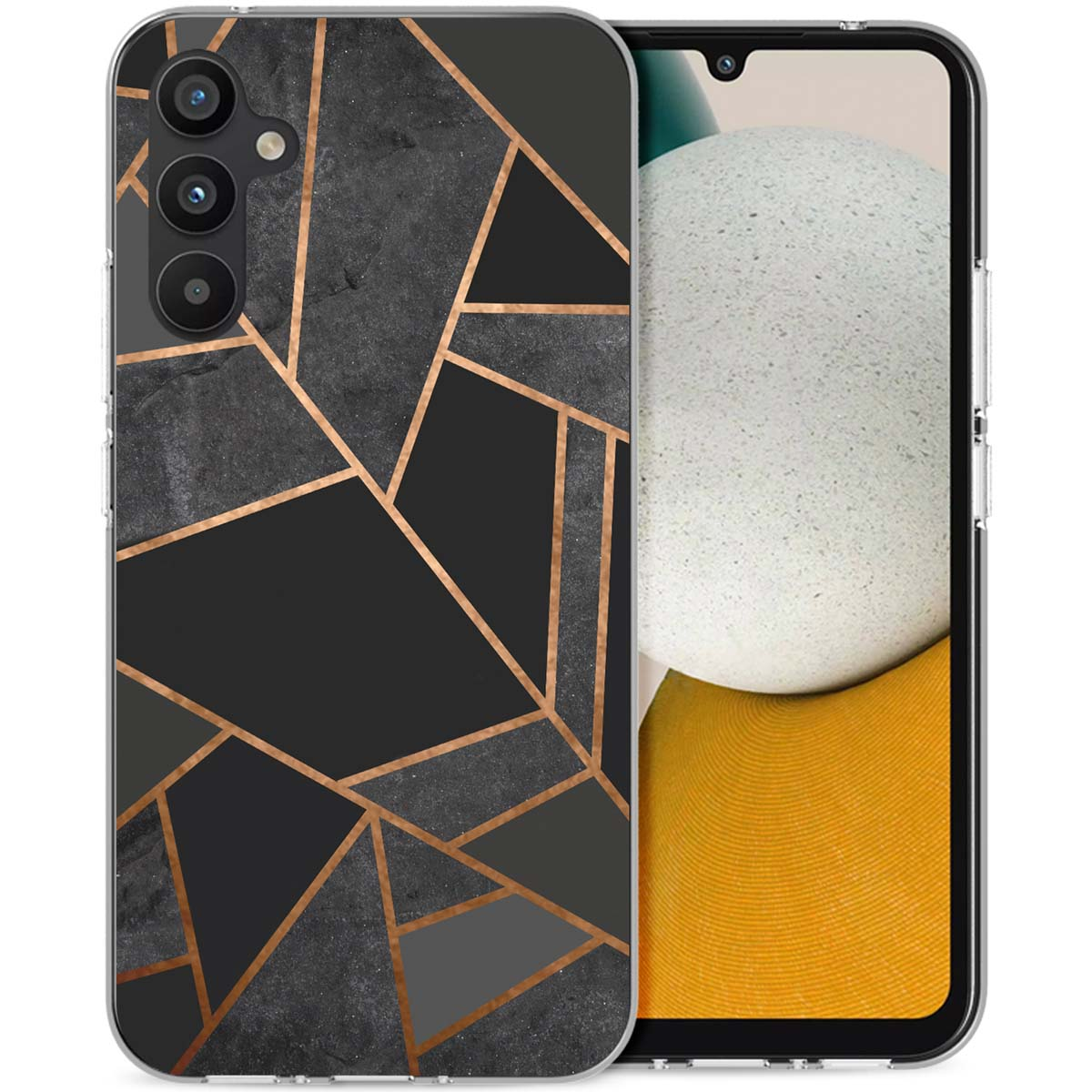 Telefoonhoes met geometrisch ontwerp. Zwart, grijs en koperkleuren. Telefoon zit erin.