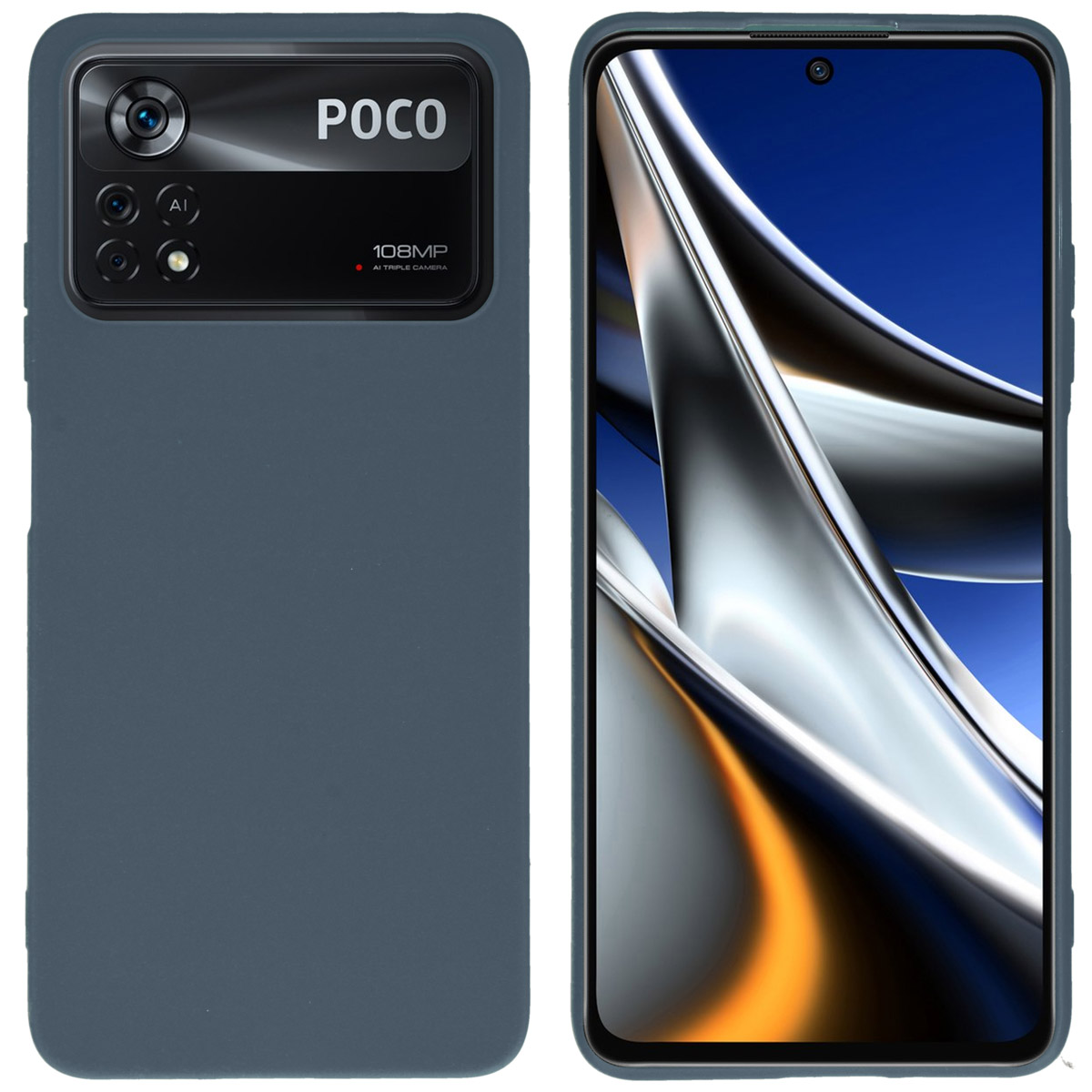 Blauwe telefoonhoes met een telefoon erin. De telefoon heeft een zwart cameragedeelte met POCO-tekst.
