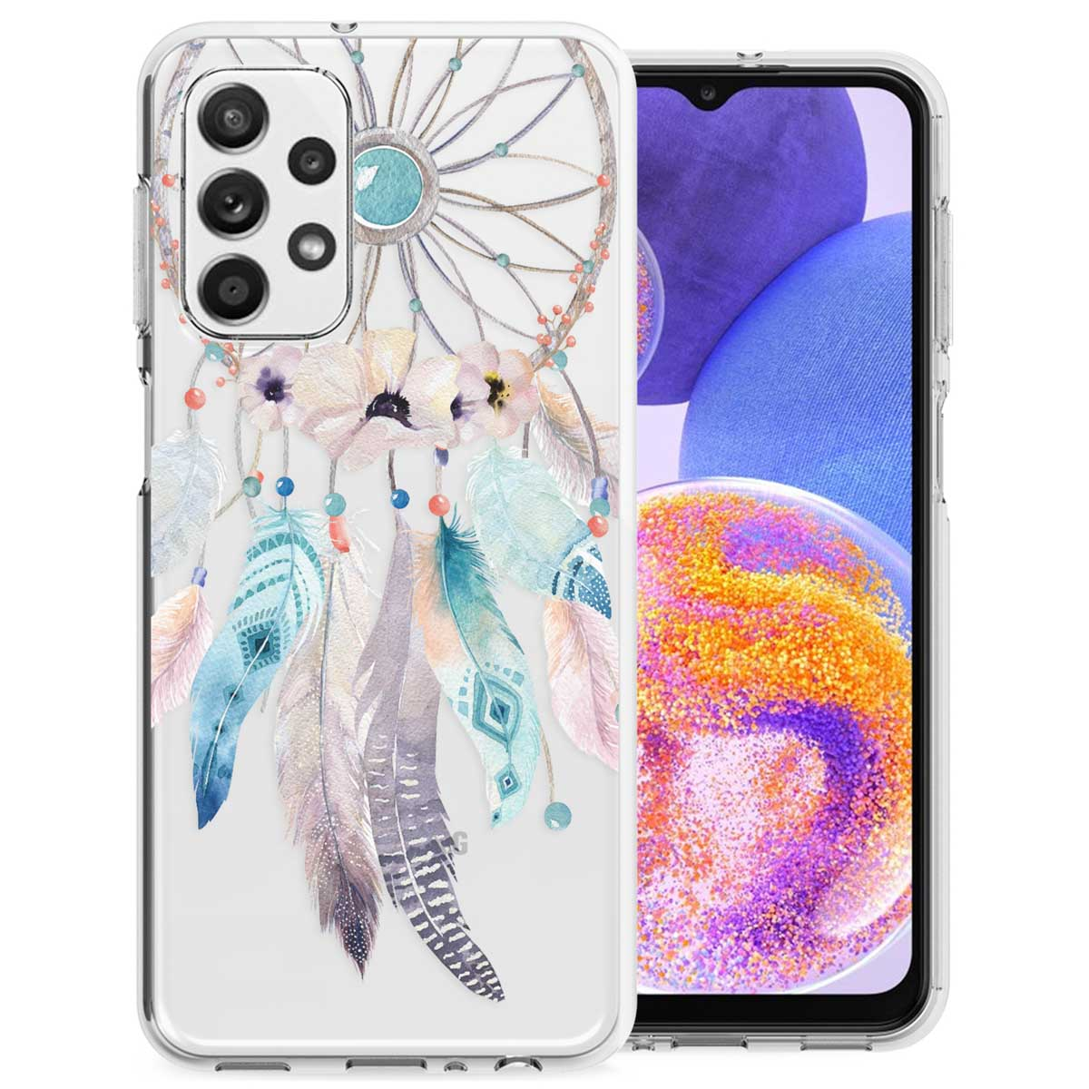Coque de téléphone avec un motif attrape-rêves. L'écran du téléphone est visible.