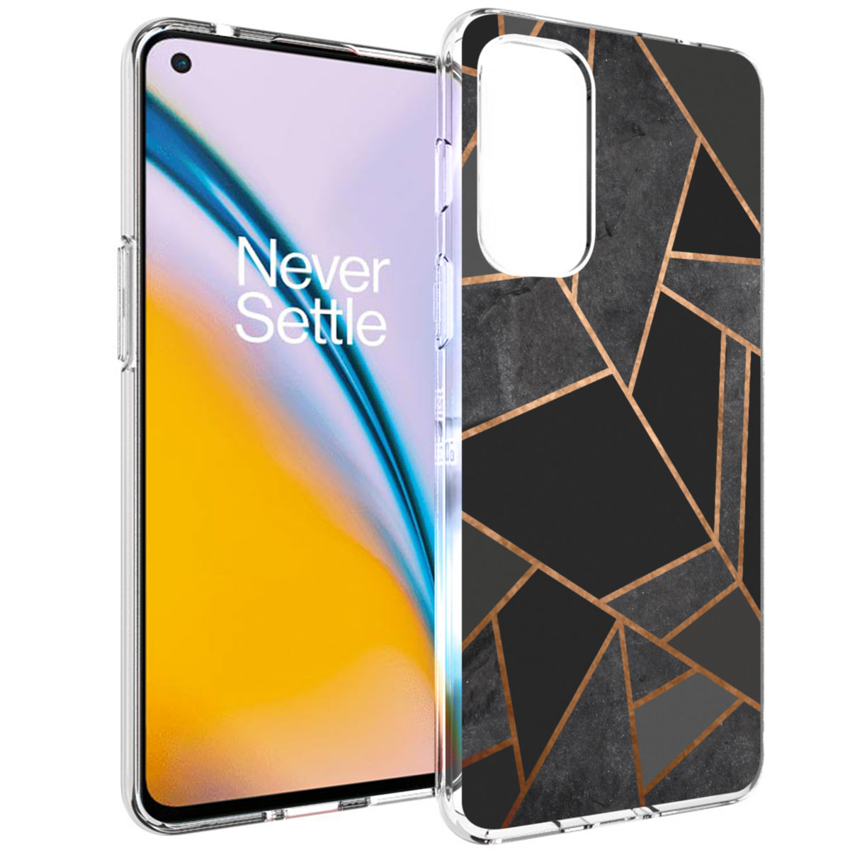 Téléphone avec étui. L'étui est transparent avec un design géométrique noir et doré.
