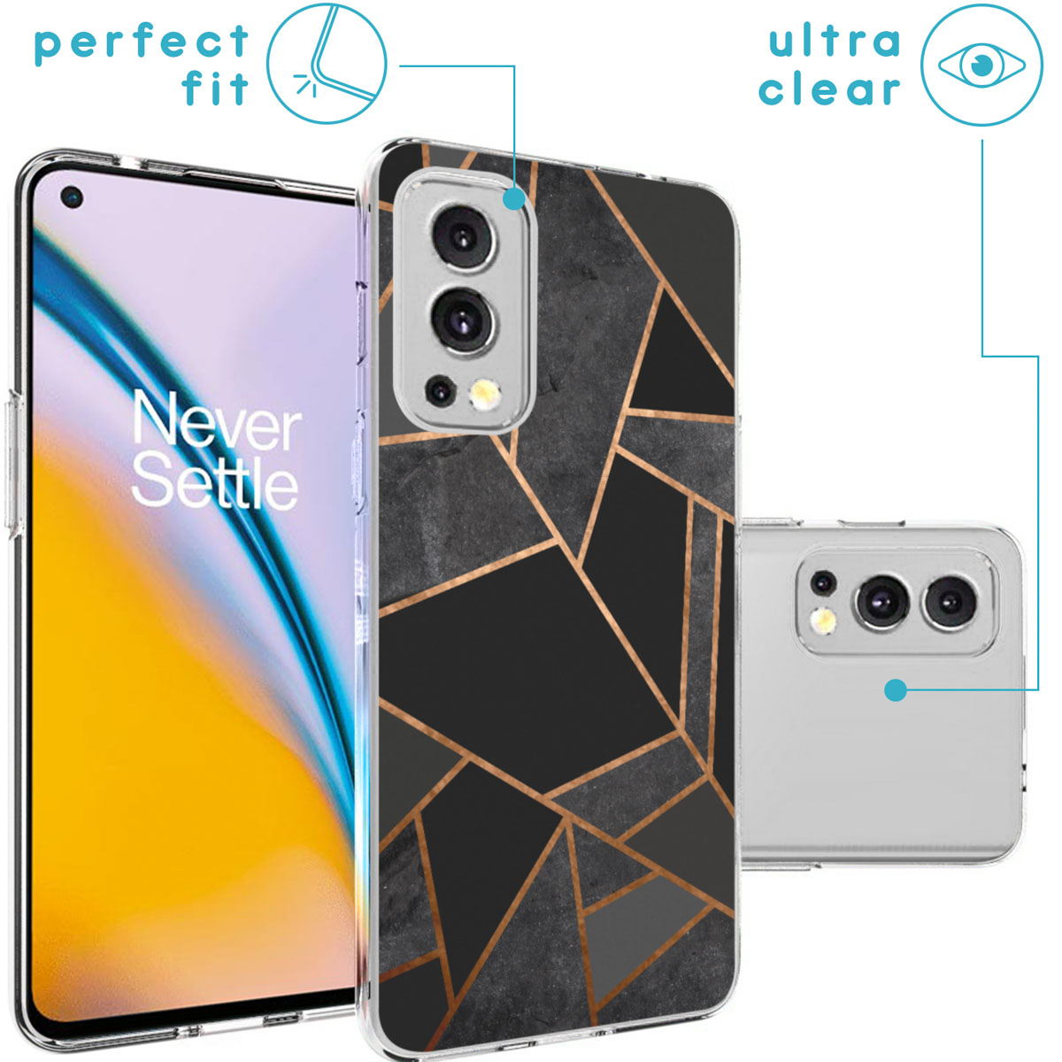 Coque de téléphone avec design géométrique. Formes noires, grises et dorées. Téléphone à gauche. Fond blanc.