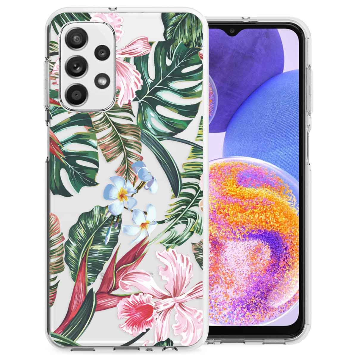Coque de téléphone avec motif floral tropical. Le téléphone est à l'intérieur, avec une coque claire.