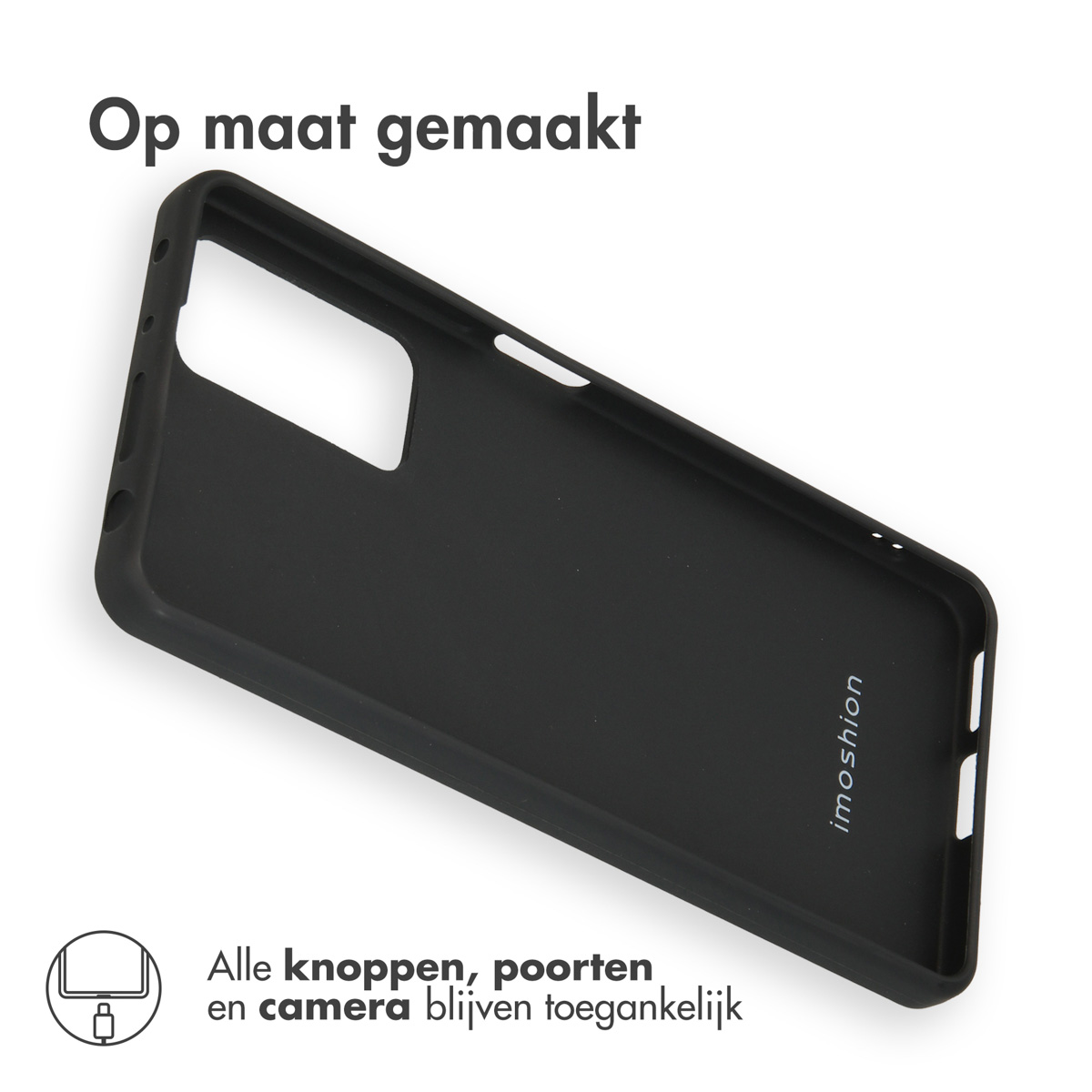 Zwarte telefoonhoes met uitsparingen voor knoppen, poorten en camera.