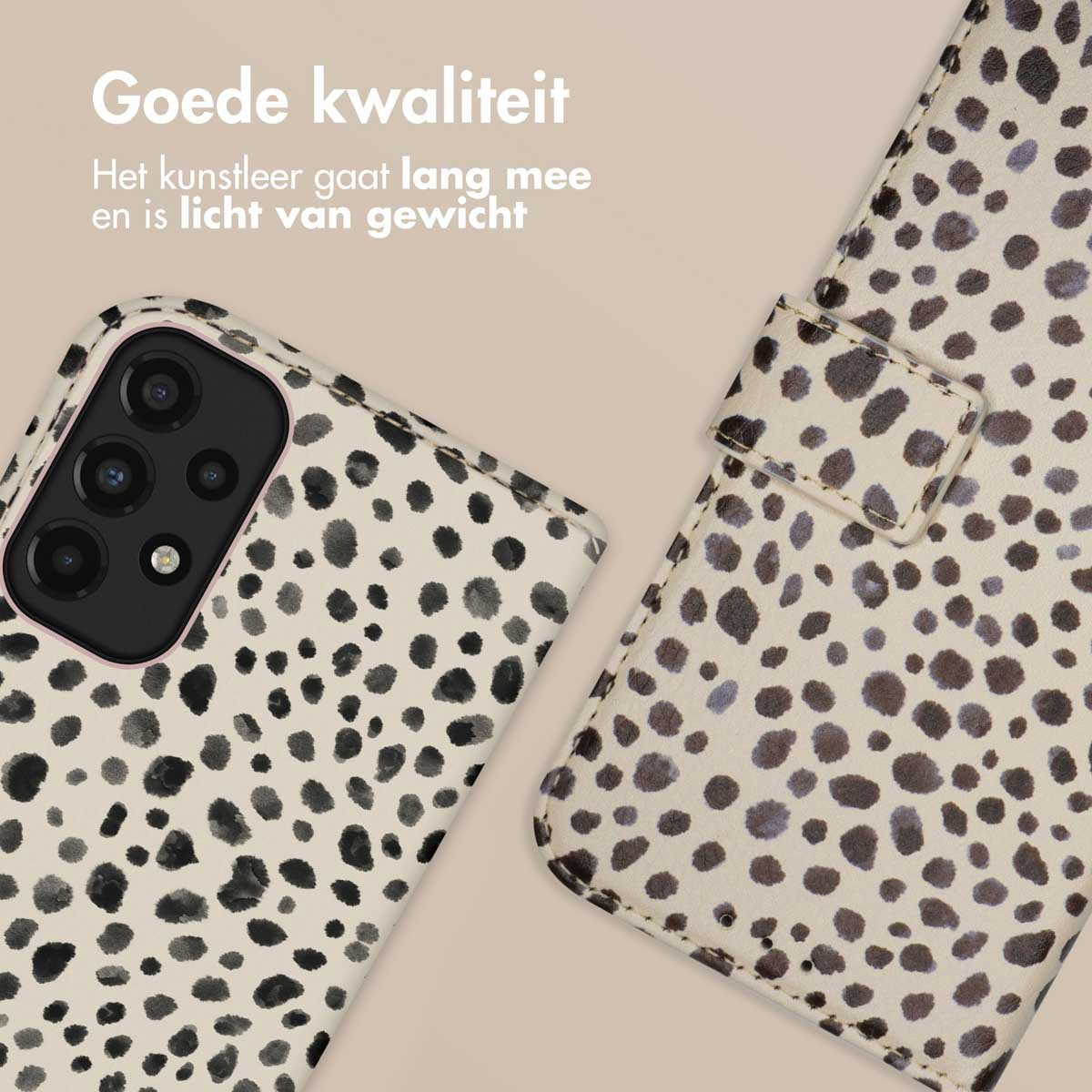 Eine Handyhülle mit Leopardenmuster auf beigem Hintergrund, mit Text.