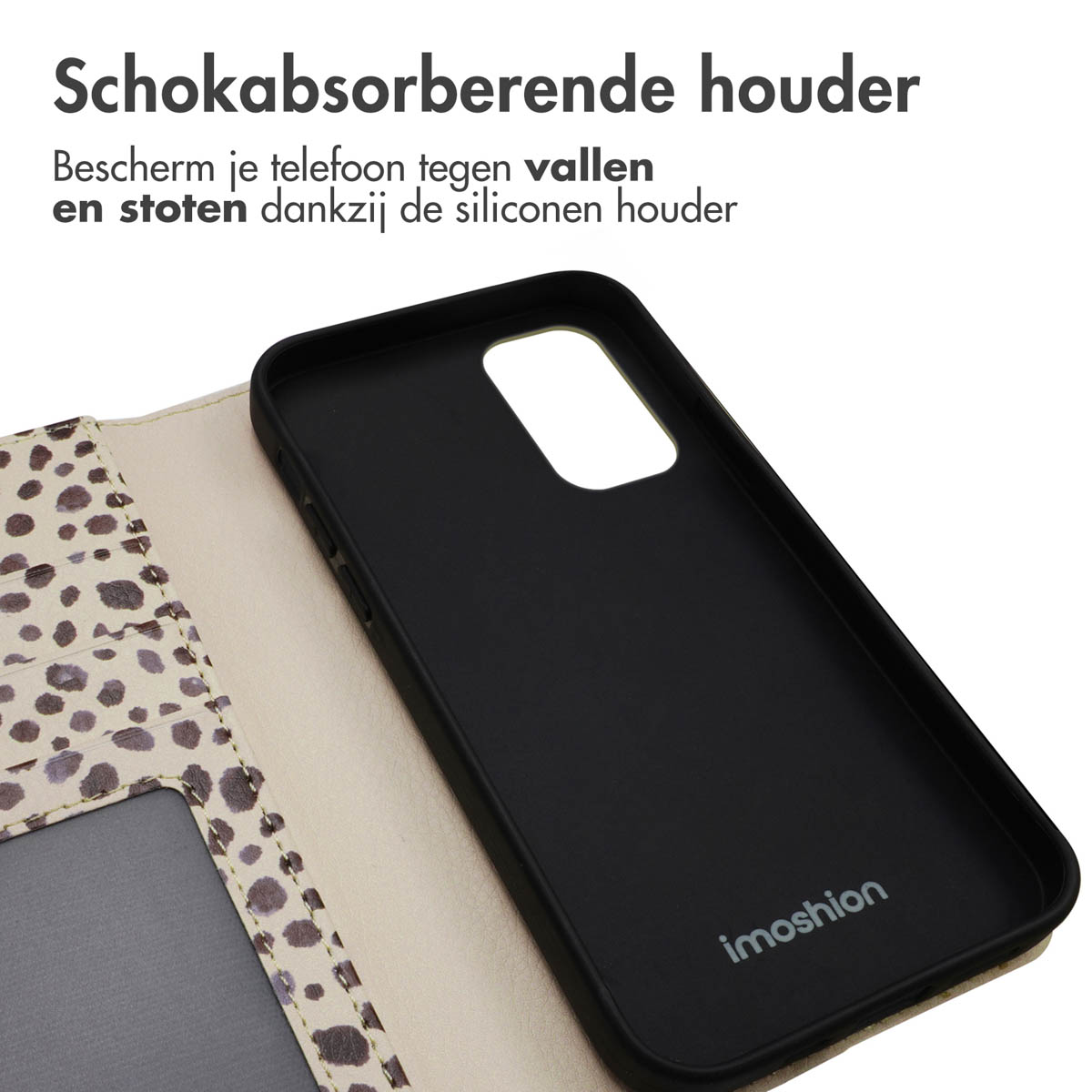 Schwarze Handyhülle mit Leopardenmuster-Klappe. Innen ist die Hülle weich.