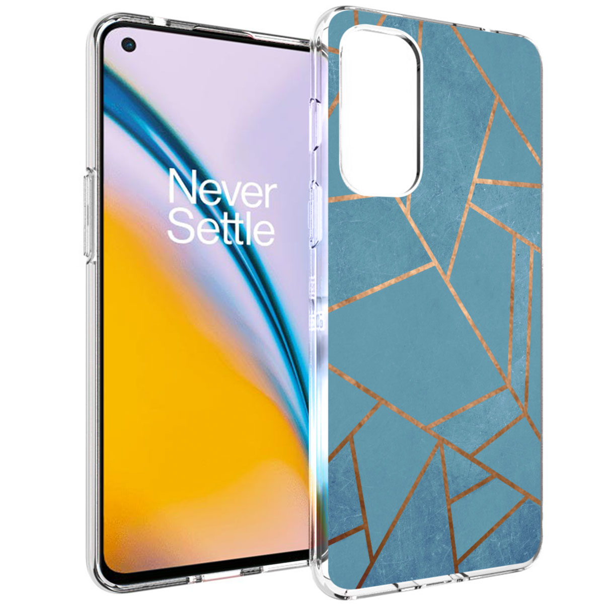 Telefoonhoesje met een geometrisch ontwerp in blauw en goud. Het scherm is zichtbaar.