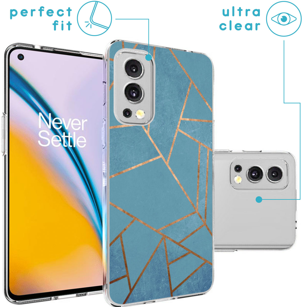 Blauwe telefoonhoes met gouden lijnen op een telefoon. Transparante overlay. Perfecte pasvorm.