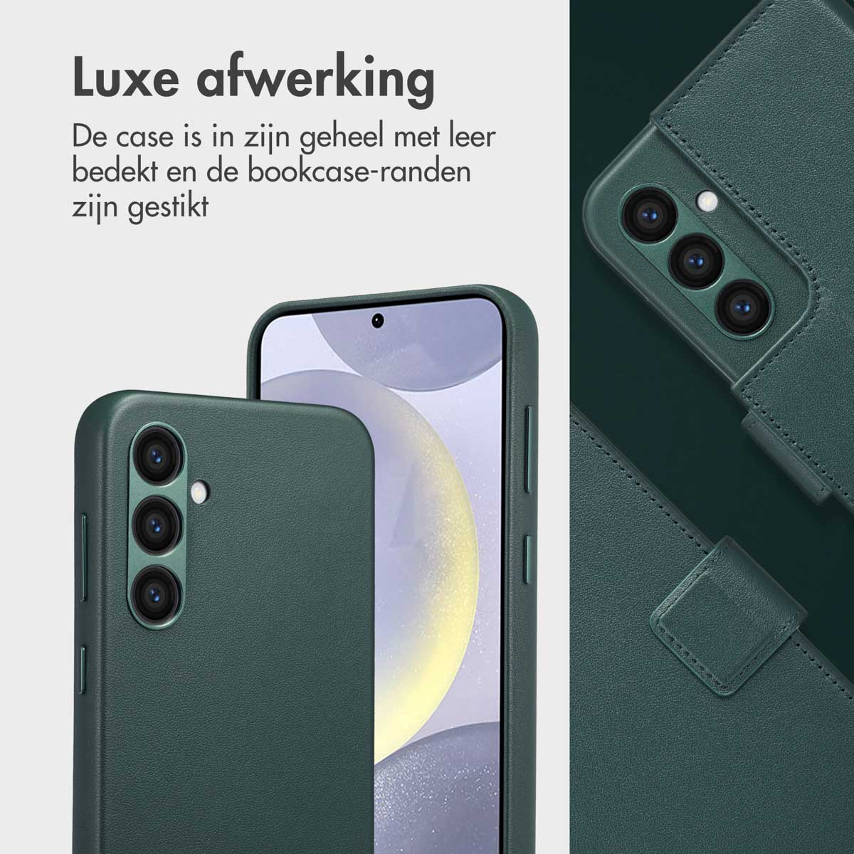 Een donkergroene telefoonhoes met een telefoon erin en een opvouwbare hoes. De hoes is open.