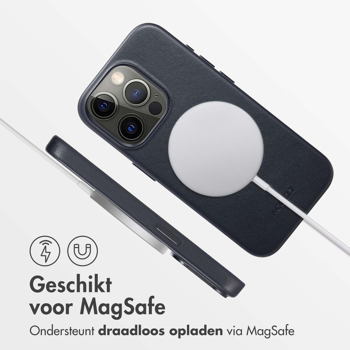Dunkelblaues Telefon mit weißem MagSafe-Ladegerät und Hülle. Text: 'Geeignet für MagSafe' und 'Unterstützt kabelloses Laden'.