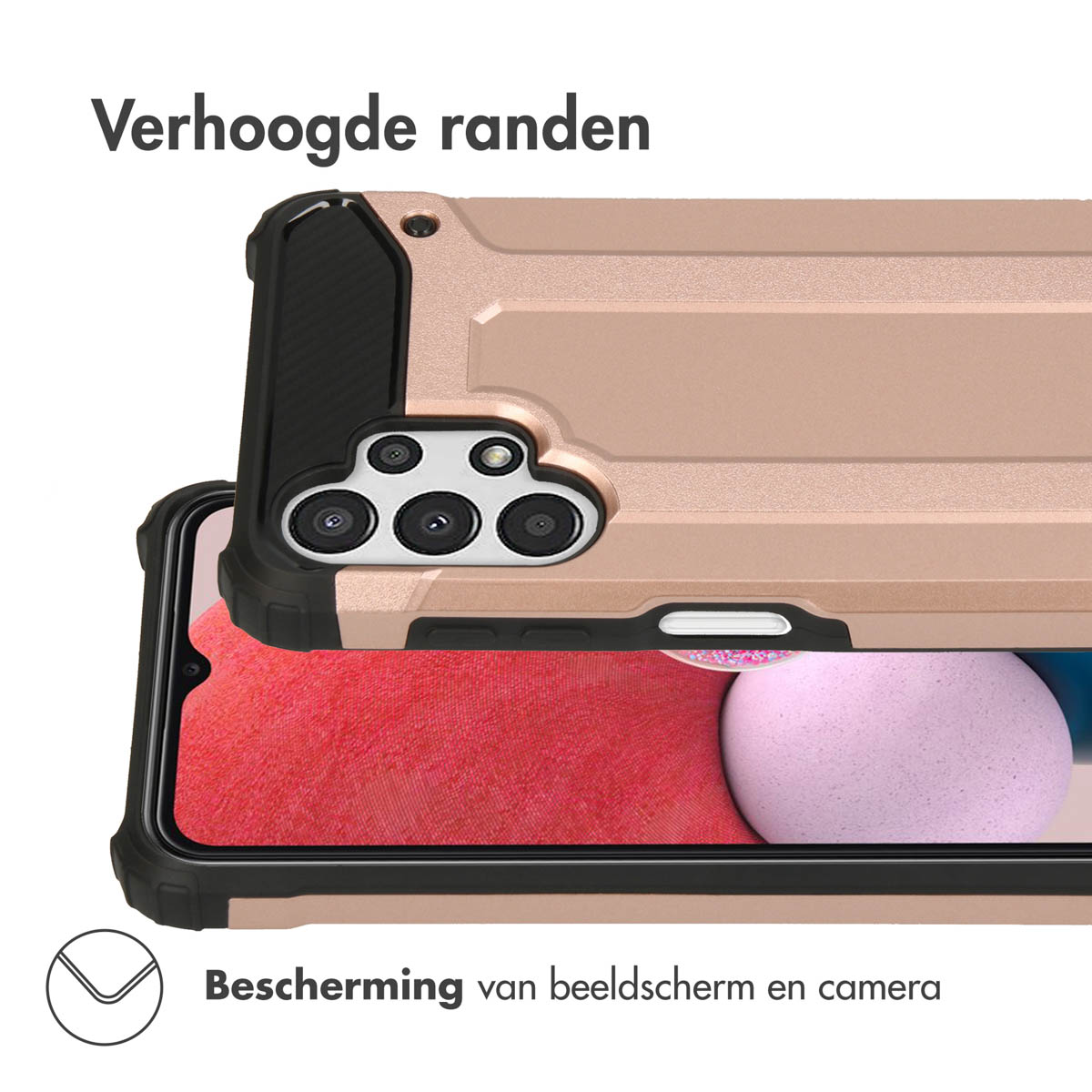 Een roségouden telefoonhoes met verhoogde randen voor scherm- en camerabescherming.