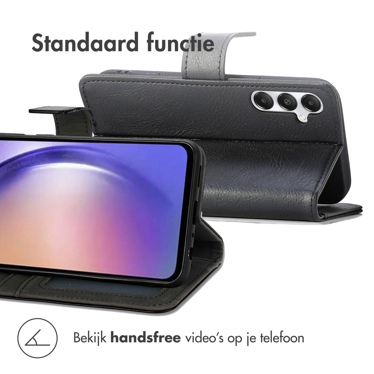 Zwarte telefoonhoes open, met staanderfunctie.