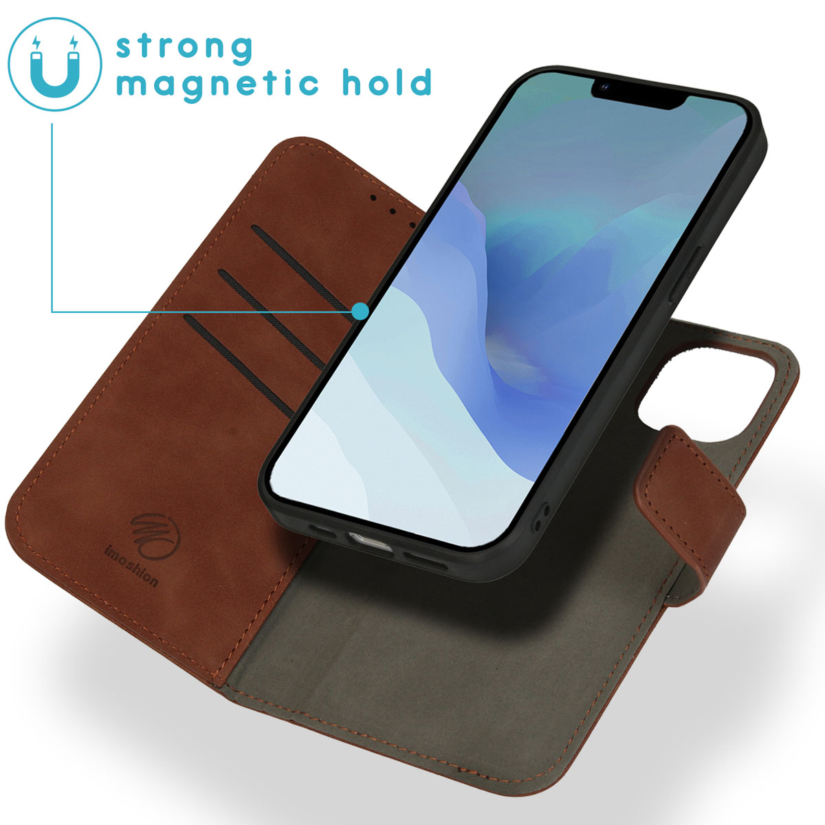 Custodia a libro marrone con chiusura magnetica e uno smartphone.