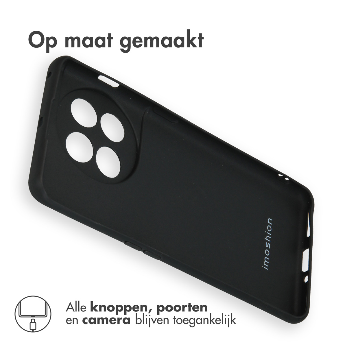 Cover nera per telefono con quattro ritagli per fotocamera e logo. Testo bianco.