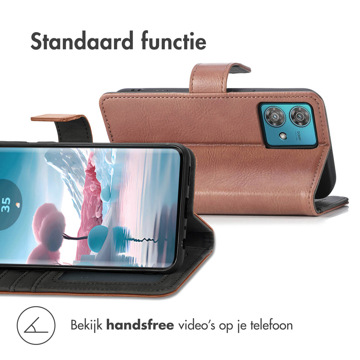 Ein braunes Handy-Flip-Case mit integriertem Ständer und Telefon.