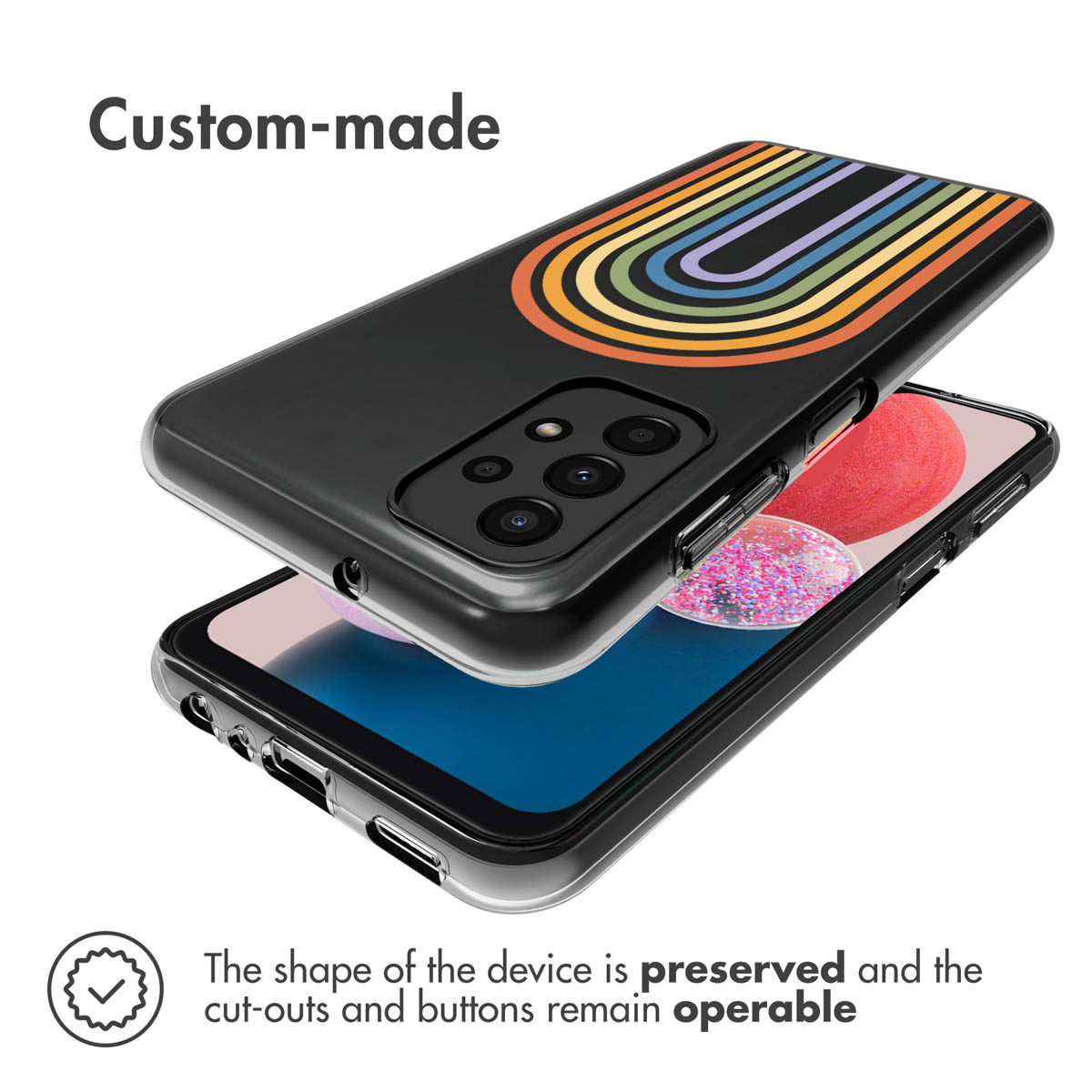Black phone case with a colorful rainbow design. Another case is visible. The phone is visible inside.