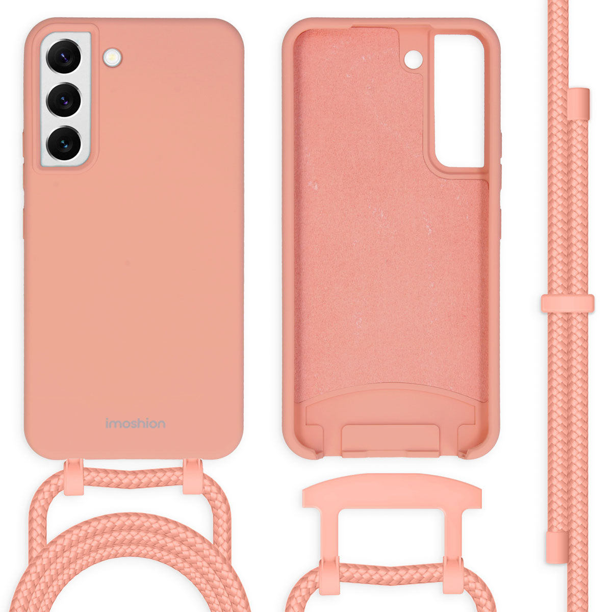 Perzikkleurige telefoonhoes en riem. De telefoonhoes is open. De riem is roze.