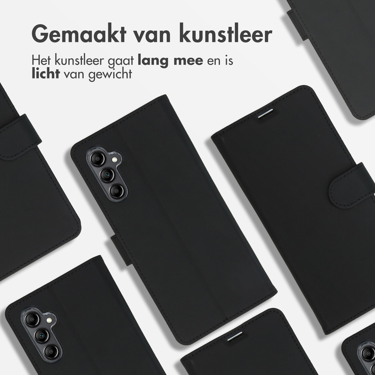 Plusieurs étuis de téléphone noirs sont étalés. Le texte dit, fabriqué en cuir, léger et durable.