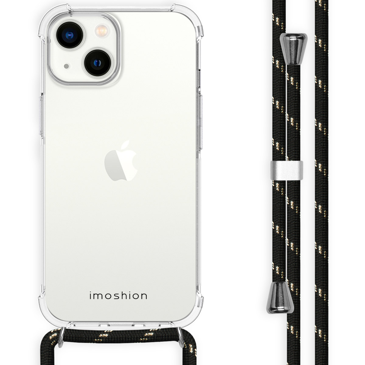 Transparante iPhone met zwart koord. Apple-logo zichtbaar. Koord is zwart met gouden accenten en zilveren hardware.