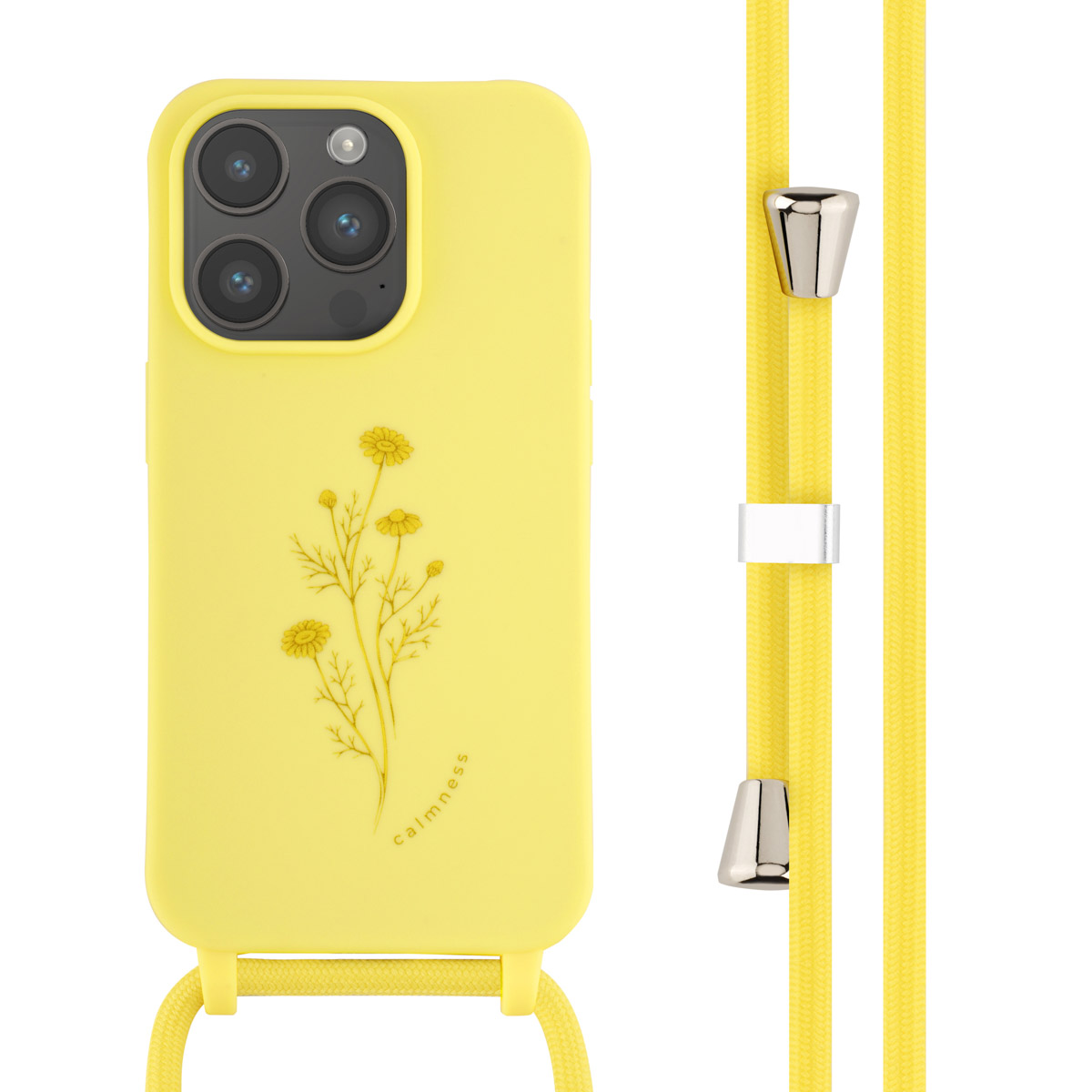 Geel telefoonhoesje met een bloemenontwerp. De riem is geel met zilveren accenten.