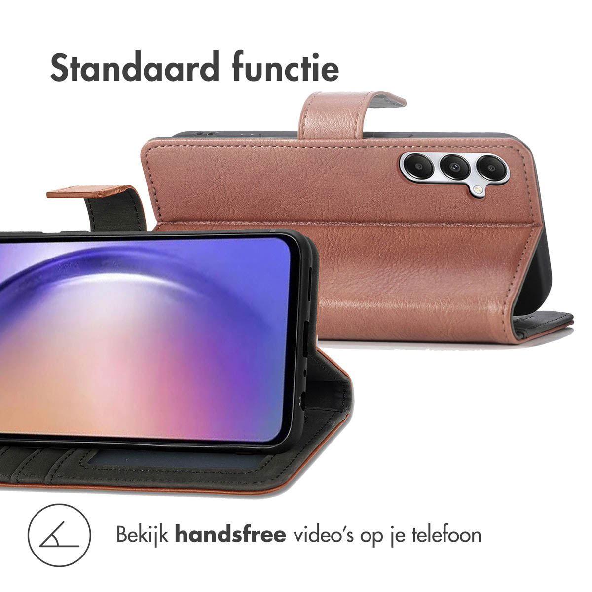 Étui de téléphone marron avec fonction support et écran.