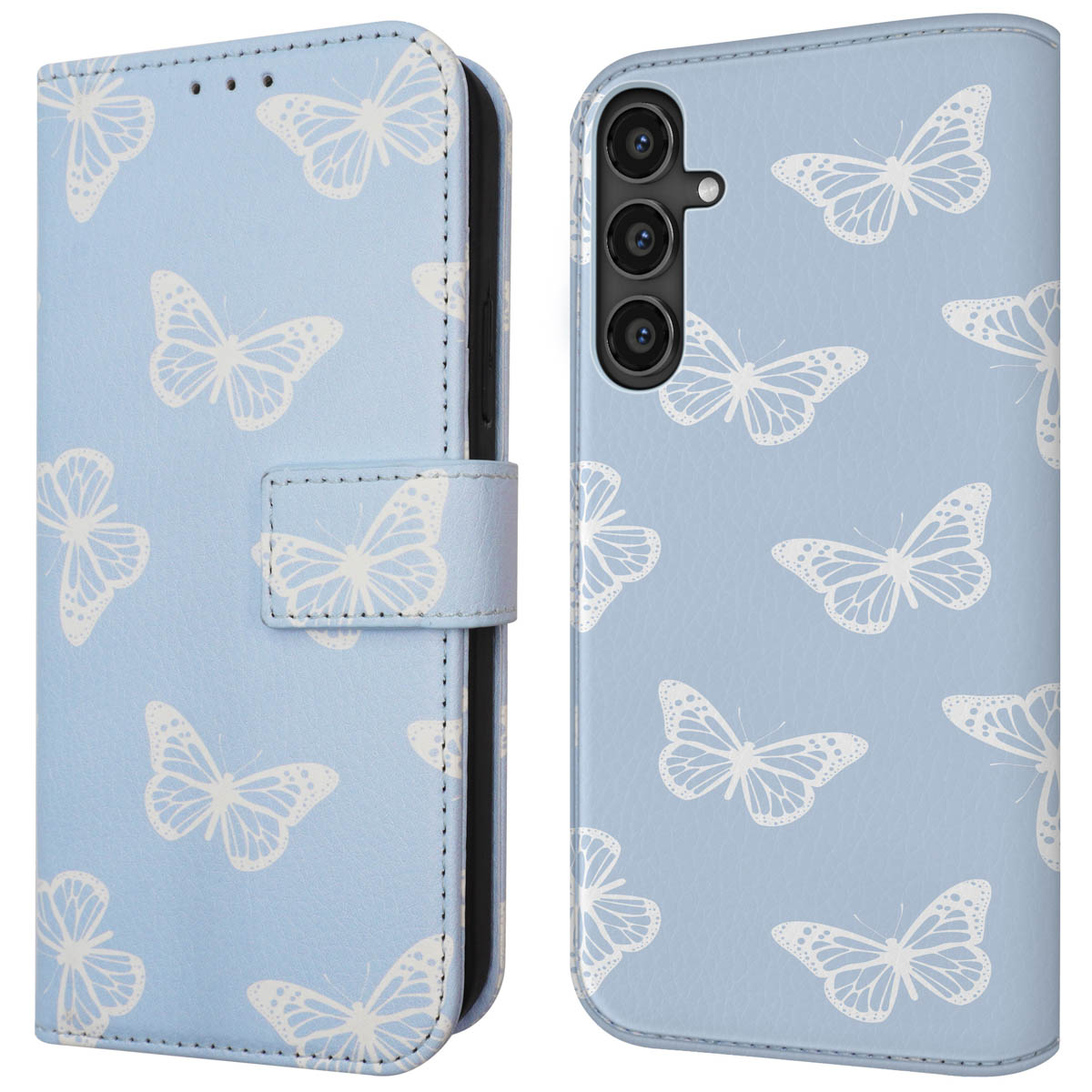 Blauw telefoonhoesje met vlinderontwerp. Tekst: Vlinderpatroon.