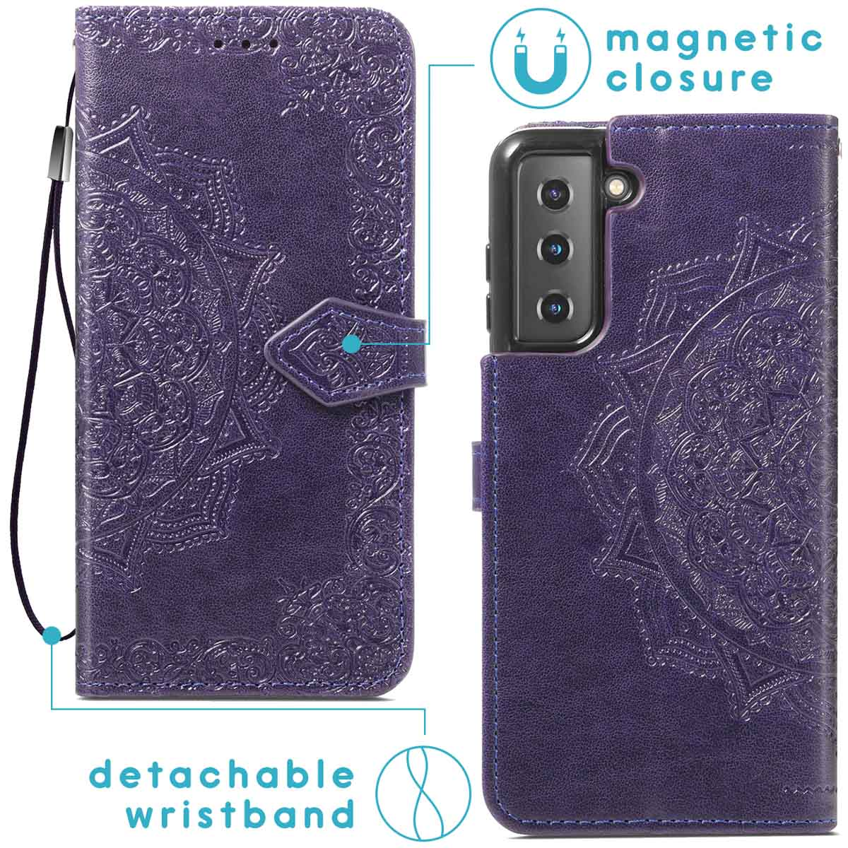 Paarse telefoonportemonnee met afneembare polsband en magnetische sluiting.