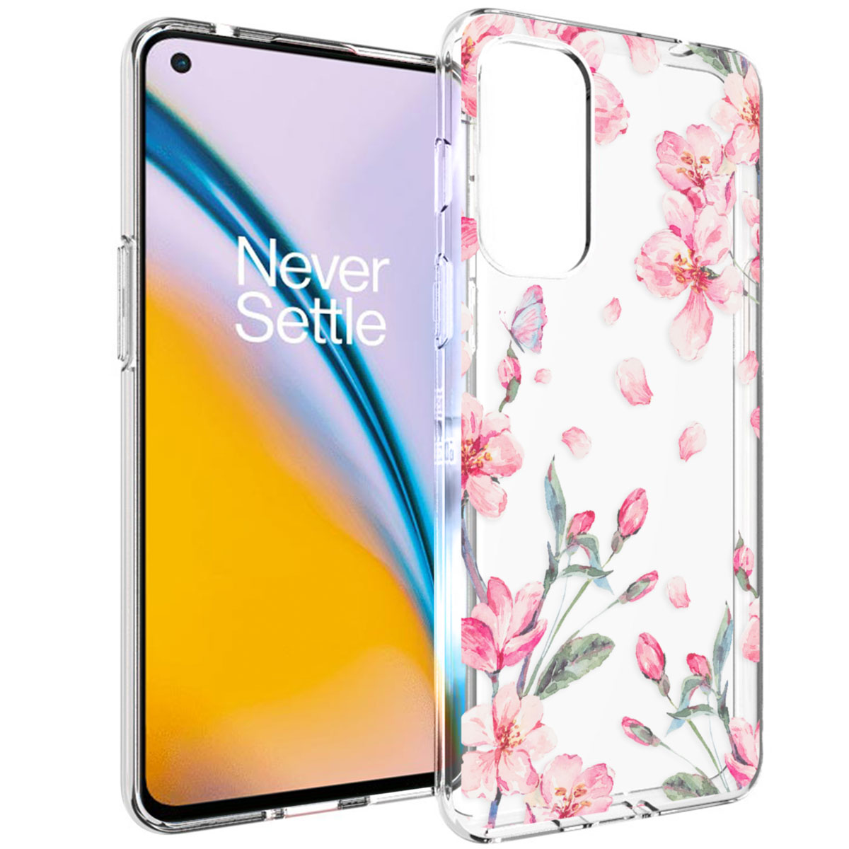 Telefoonhoesje met een bloemenpatroon en een telefoon erin. De hoes is transparant.