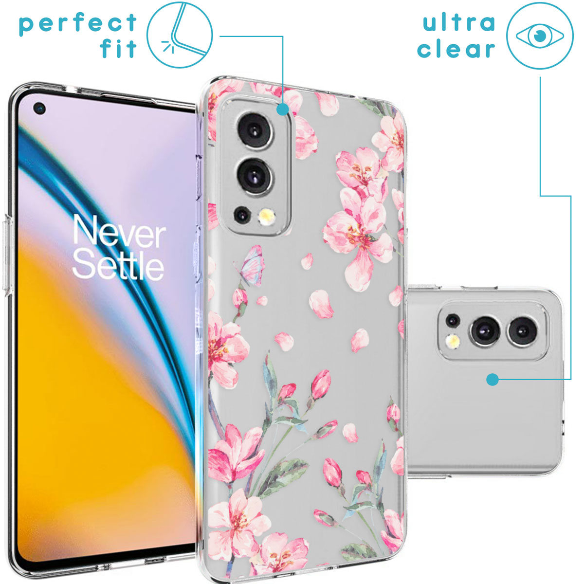 Telefoonhoes met roze bloemenontwerp. Twee telefoons met transparante hoesjes. Tekst 'Perfecte pasvorm' en 'Ultra helder'.