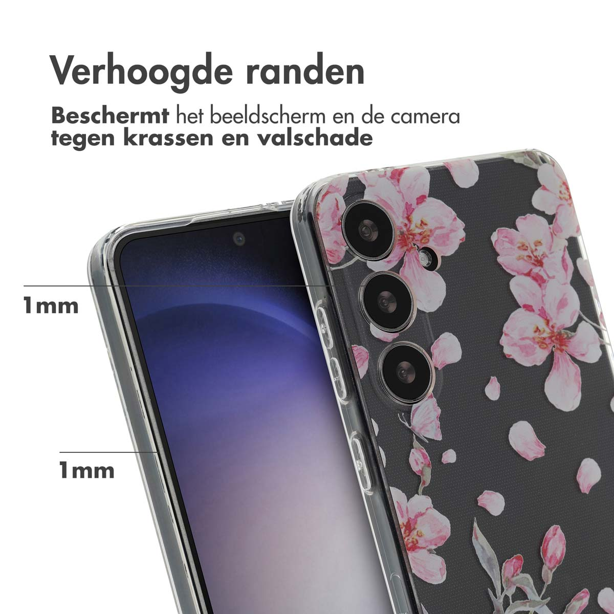 Telefoonhoesje met bloemenontwerp, beschermt scherm en camera, met 1 mm verhoogde randen.