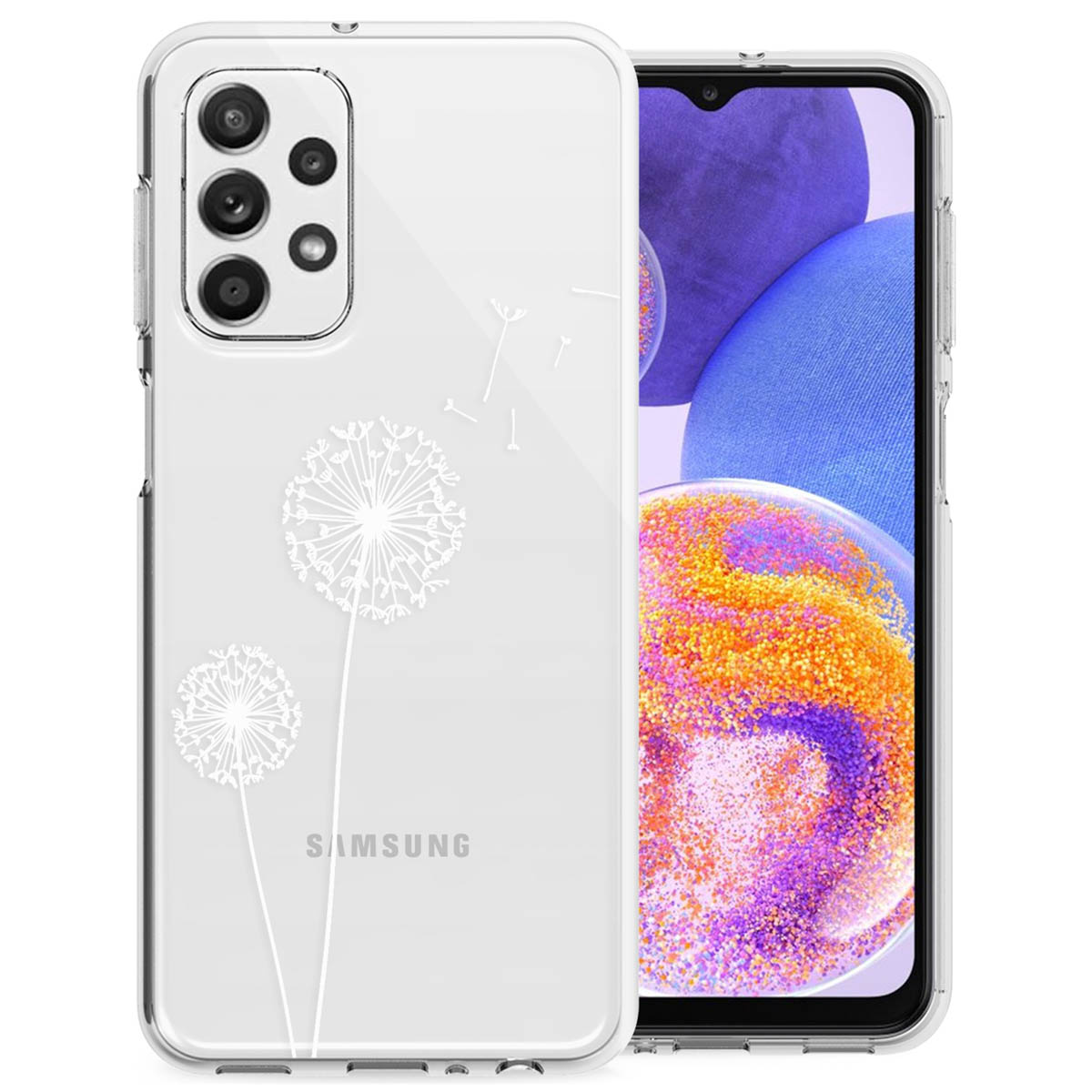 Coque de téléphone avec un motif de pissenlit. L'écran du téléphone est visible. Fond blanc.