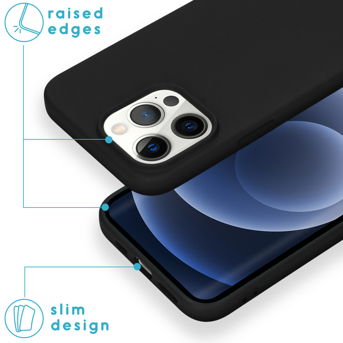 Zwarte telefoonhoes met verhoogde randen en slank ontwerp. Telefoon met blauw scherm zichtbaar.