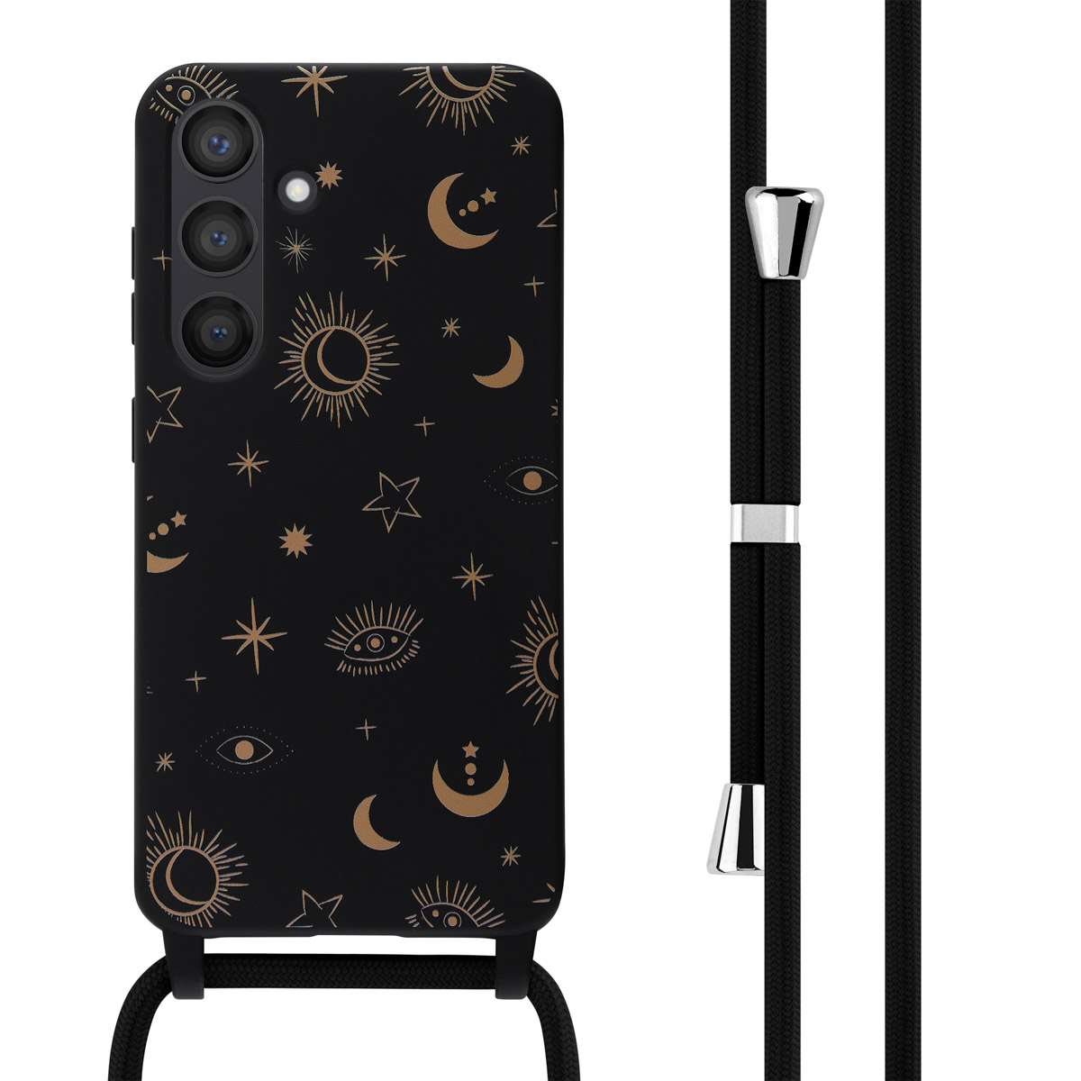 Zwarte telefoonhoes met zon, maan en sterren. Er is ook een zwart koord bevestigd.