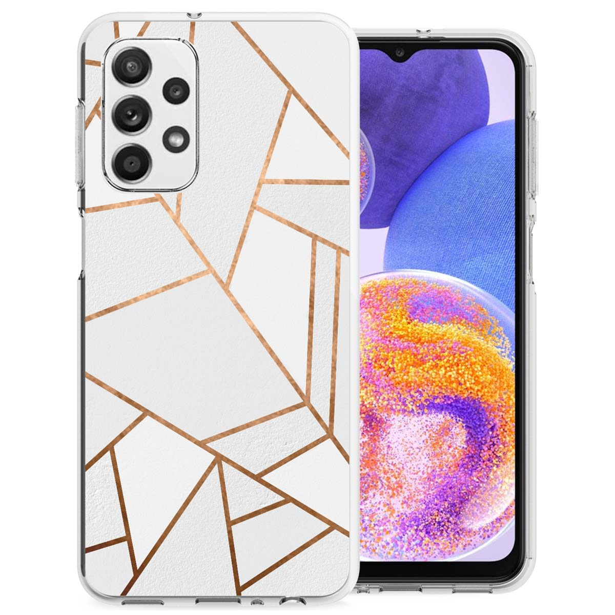 Een witte telefoonhoes met gouden geometrische ontwerpen bedekt een telefoon. De telefoon is zichtbaar door de hoes.