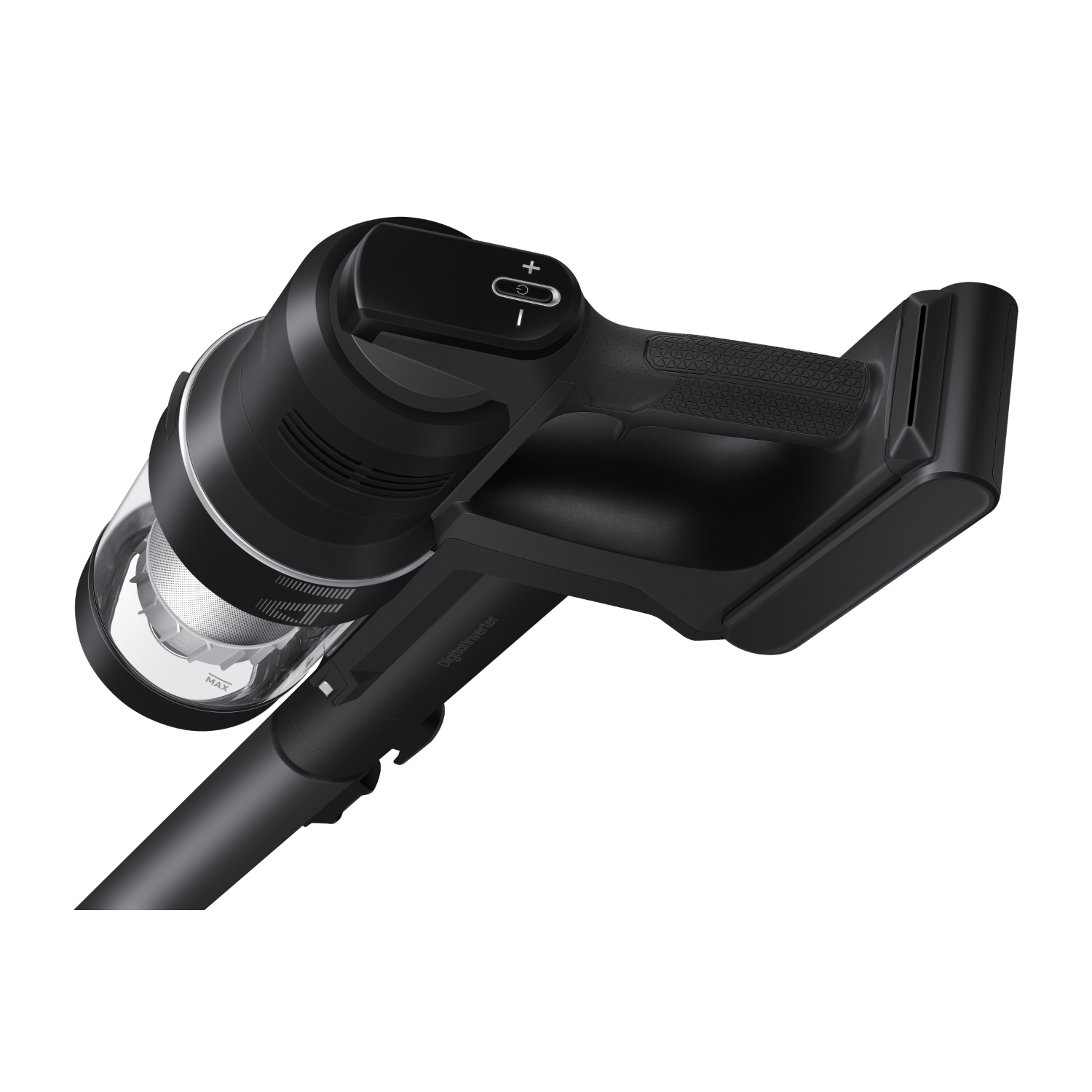 Czarny odkurzacz, widok pod kątem, na czarnym tle. Widoczny uchwyt i dysza.