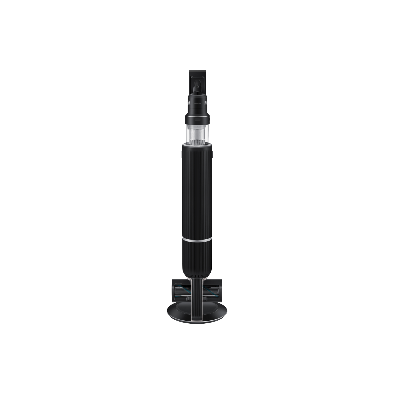 Czarny odkurzacz pionowy ze stojakiem, stojący pionowo na czarnej podstawie.