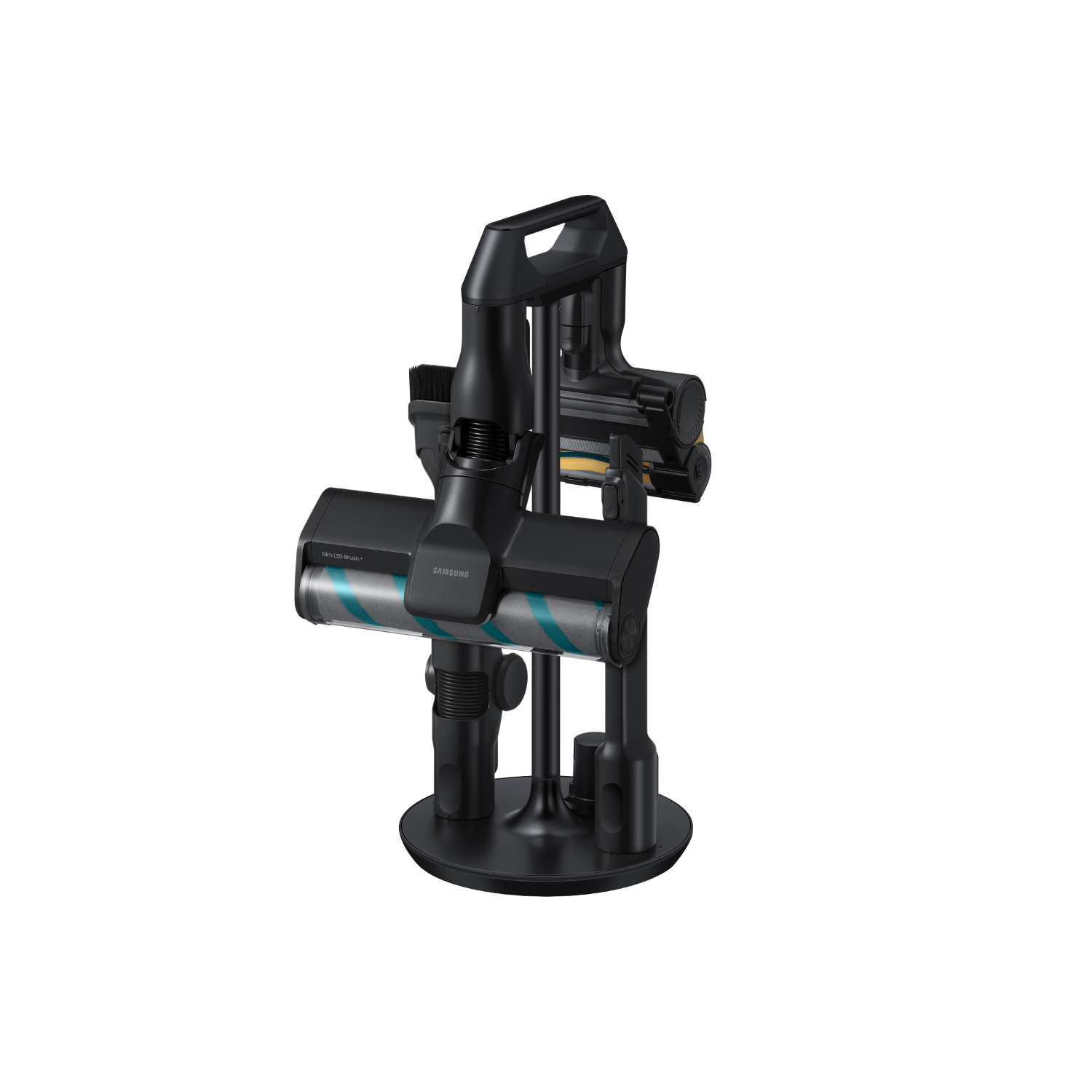Bezprzewodowy odkurzacz Samsung na stojaku. Czarny, pionowy, z różnymi nasadkami.