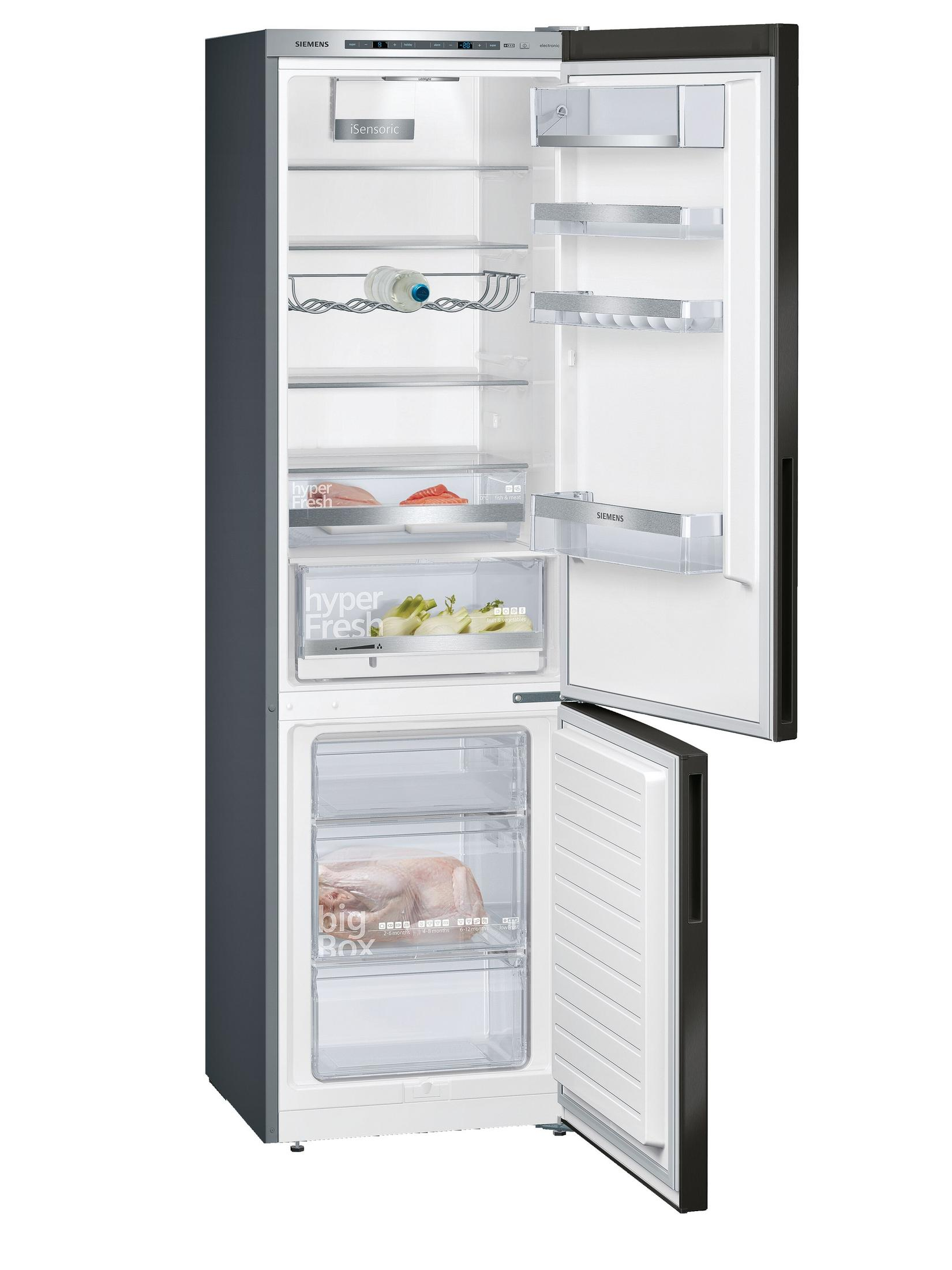 Siemens Kühlschrank mit geöffneter Tür, zeigt Regale, Schubladen und Lebensmittel.