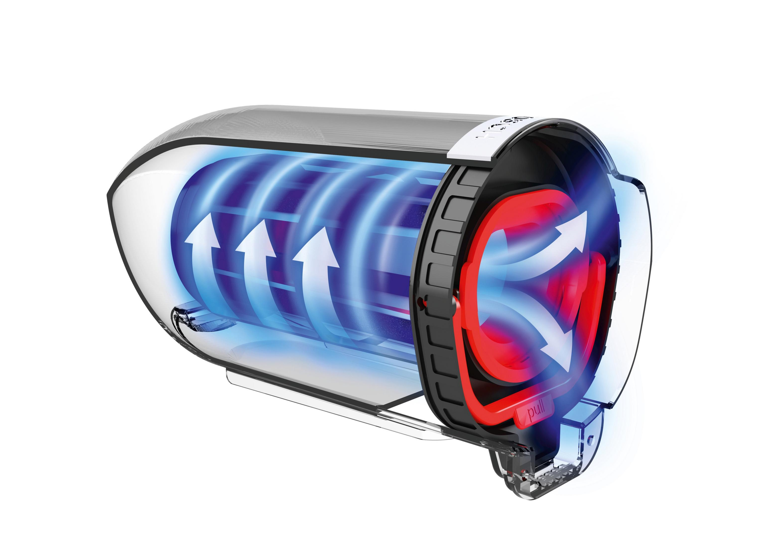 Przekrój urządzenia pokazujący wewnętrzne komponenty i przepływ powietrza w kolorach niebieskim i czerwonym.