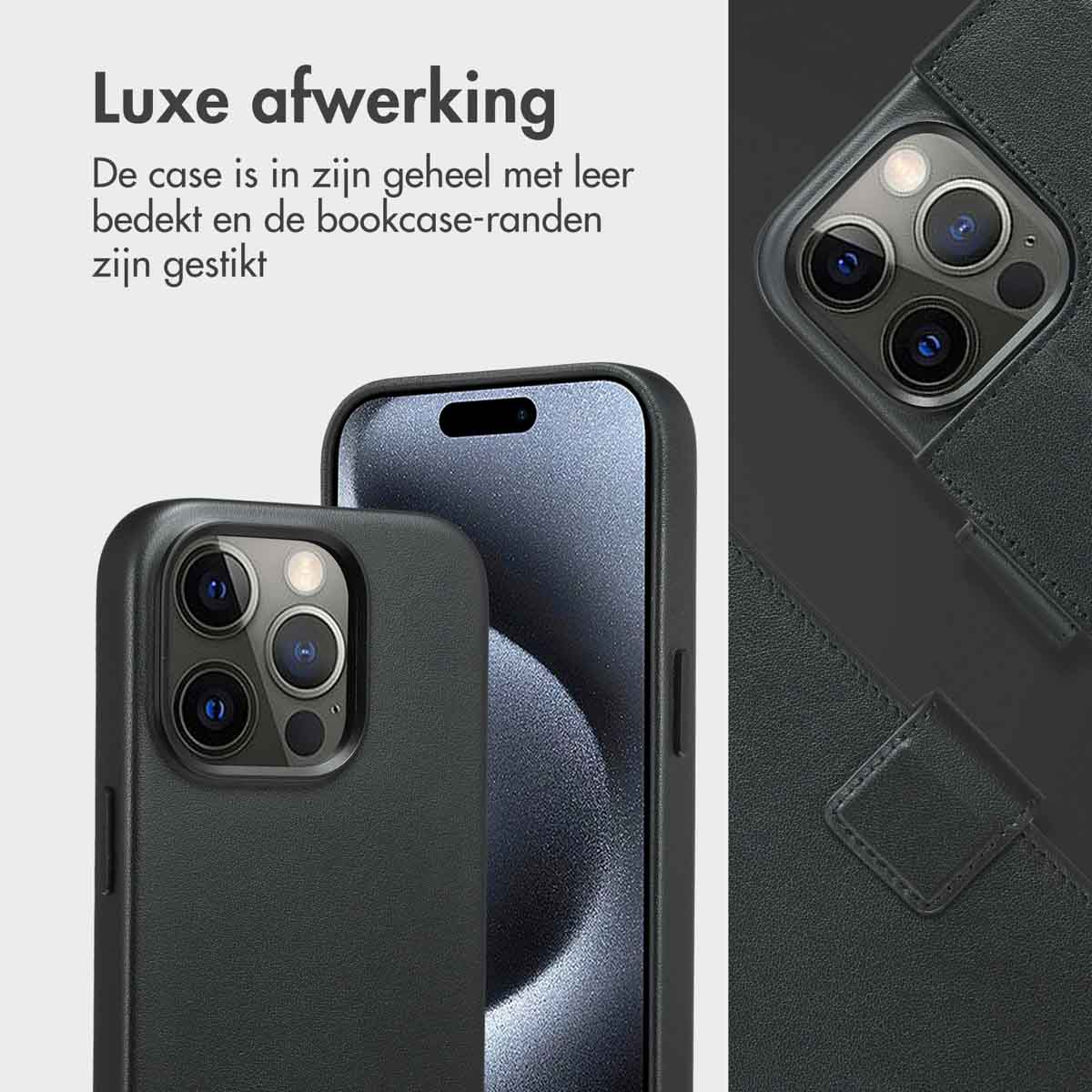 L'image montre un étui de téléphone noir avec un téléphone à l'intérieur. L'étui est en cuir. Le texte en haut dit 'Finition luxueuse'.