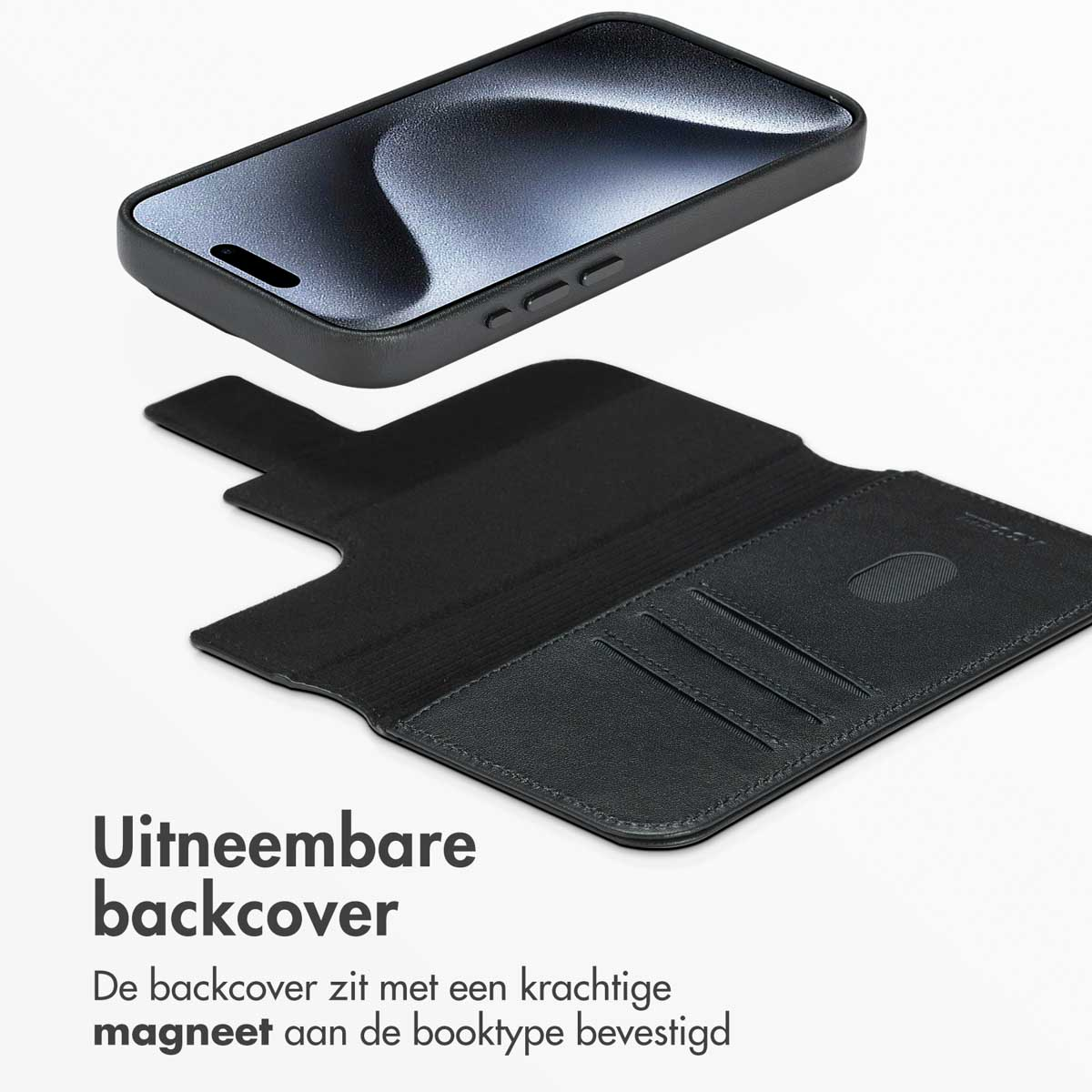 Coque de téléphone noire et étui de type livre, détachés. La coque plane au-dessus de l'étui ouvert, avec du texte en dessous expliquant les fonctionnalités.