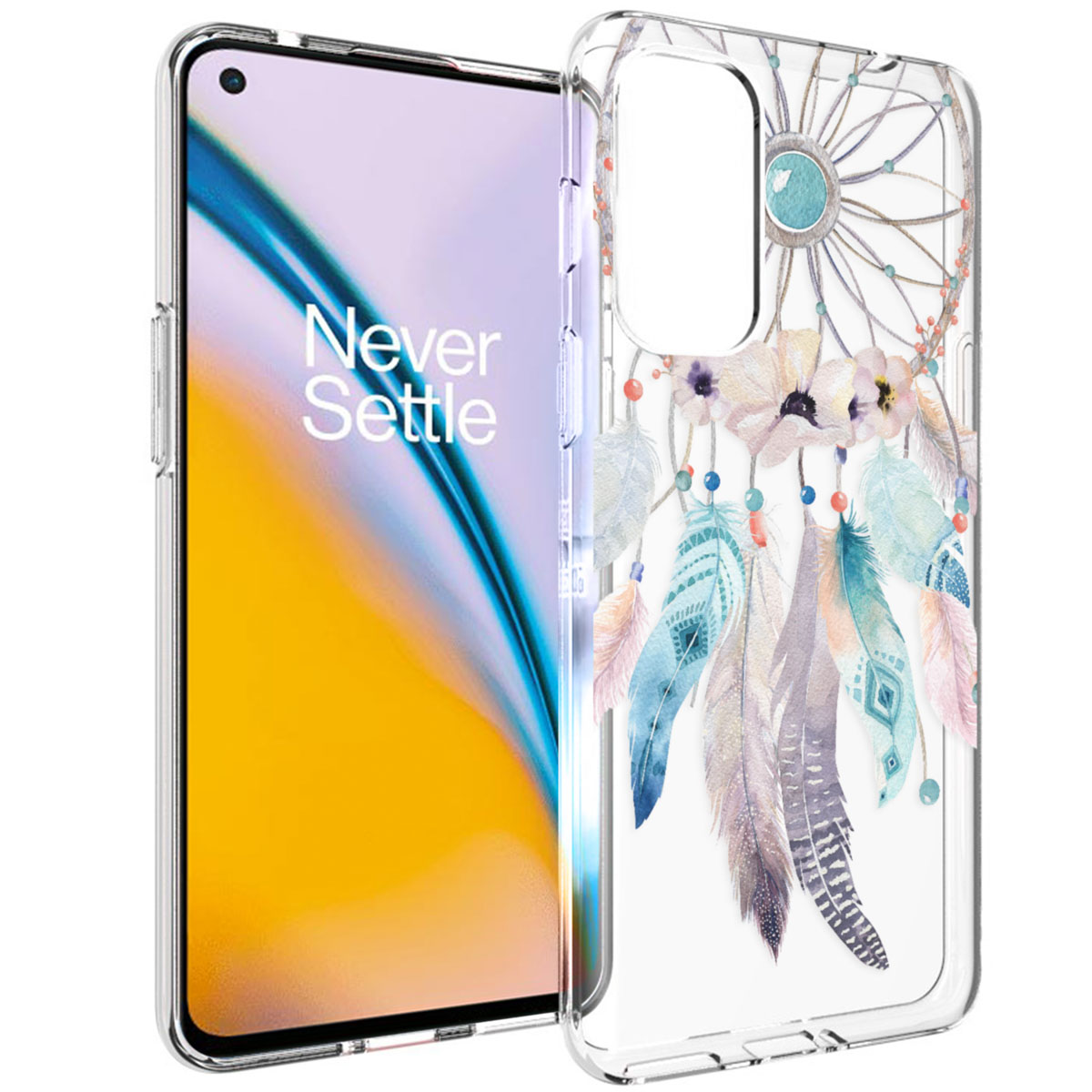 Telefoon met hoesje. De hoes is transparant met een dromenvangerdesign.