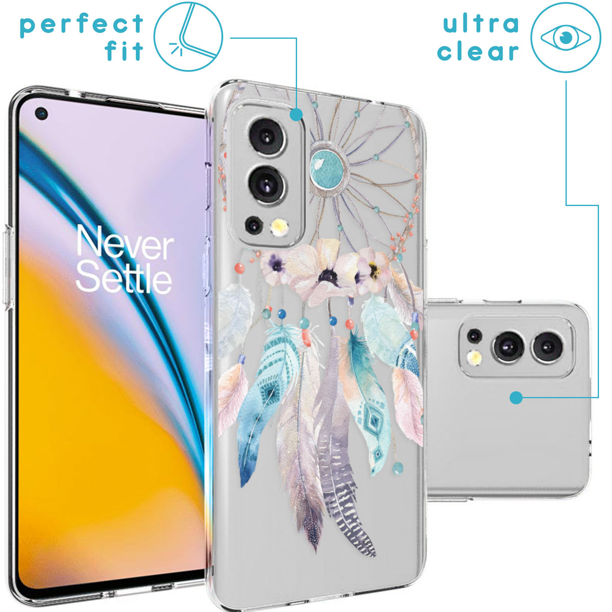 Transparante telefoonhoes met een dromenvanger ontwerp. Een telefoon met gele achtergrond zit erin.
